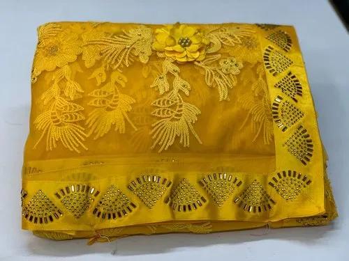 Partywear Yellow Color Soft Net Embroidery Work Fancy Designer Saree With Blouse
