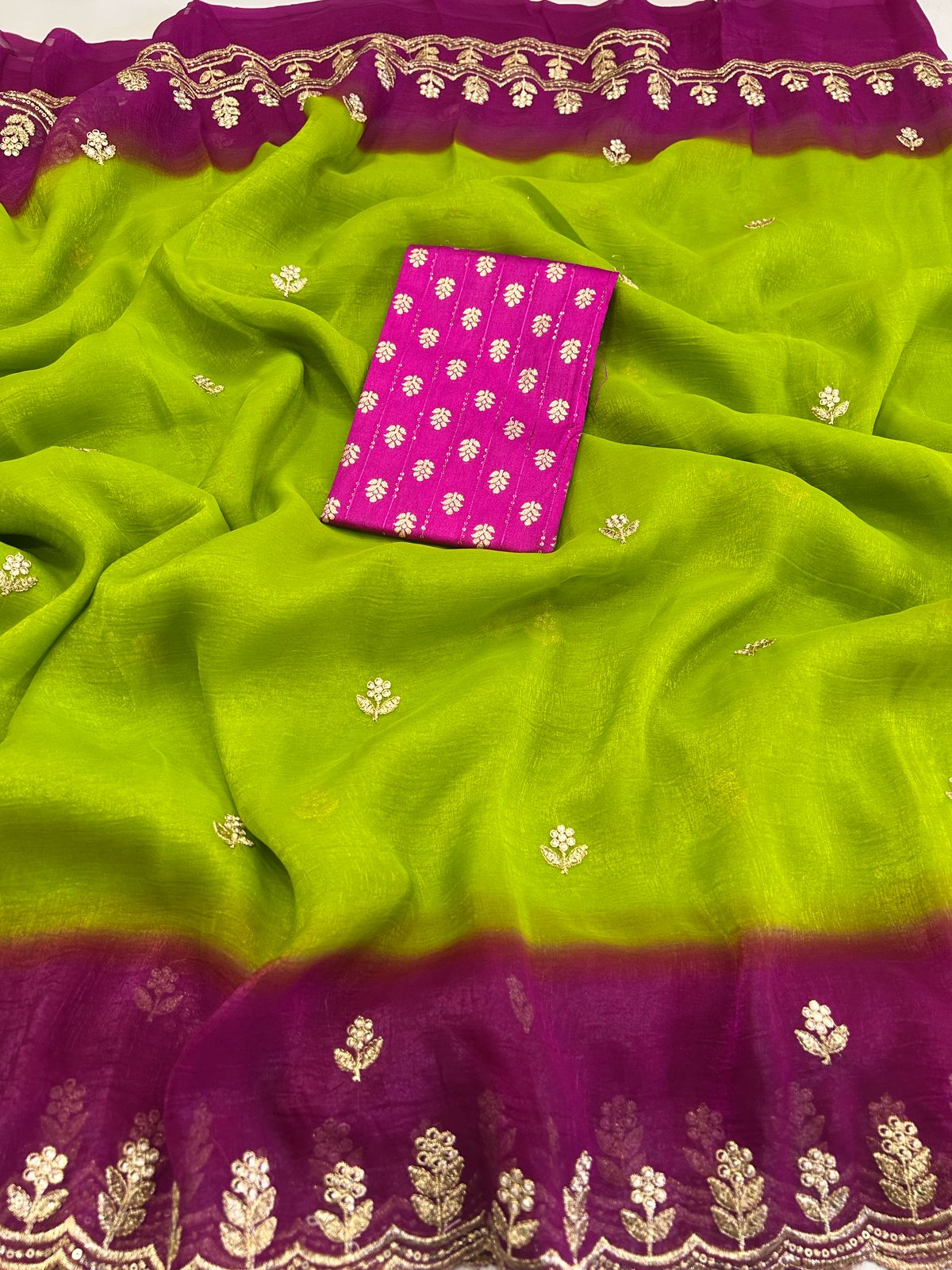 Beutiful Rani n Perrot Color Crunchy Crush Silk Emboridery n Sequence Work Partywear Fancy Designer Saree