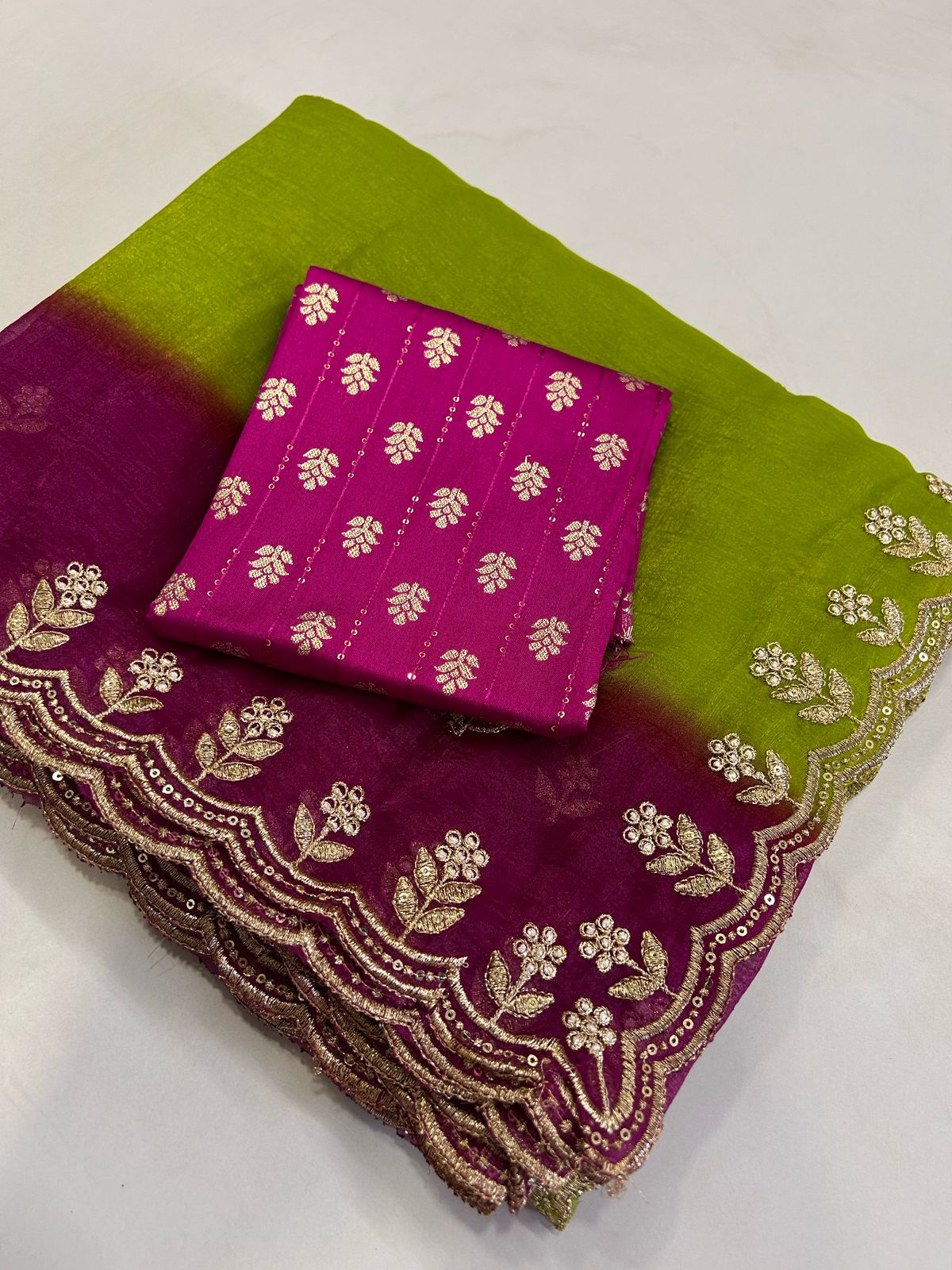 Beutiful Rani n Perrot Color Crunchy Crush Silk Emboridery n Sequence Work Partywear Fancy Designer Saree