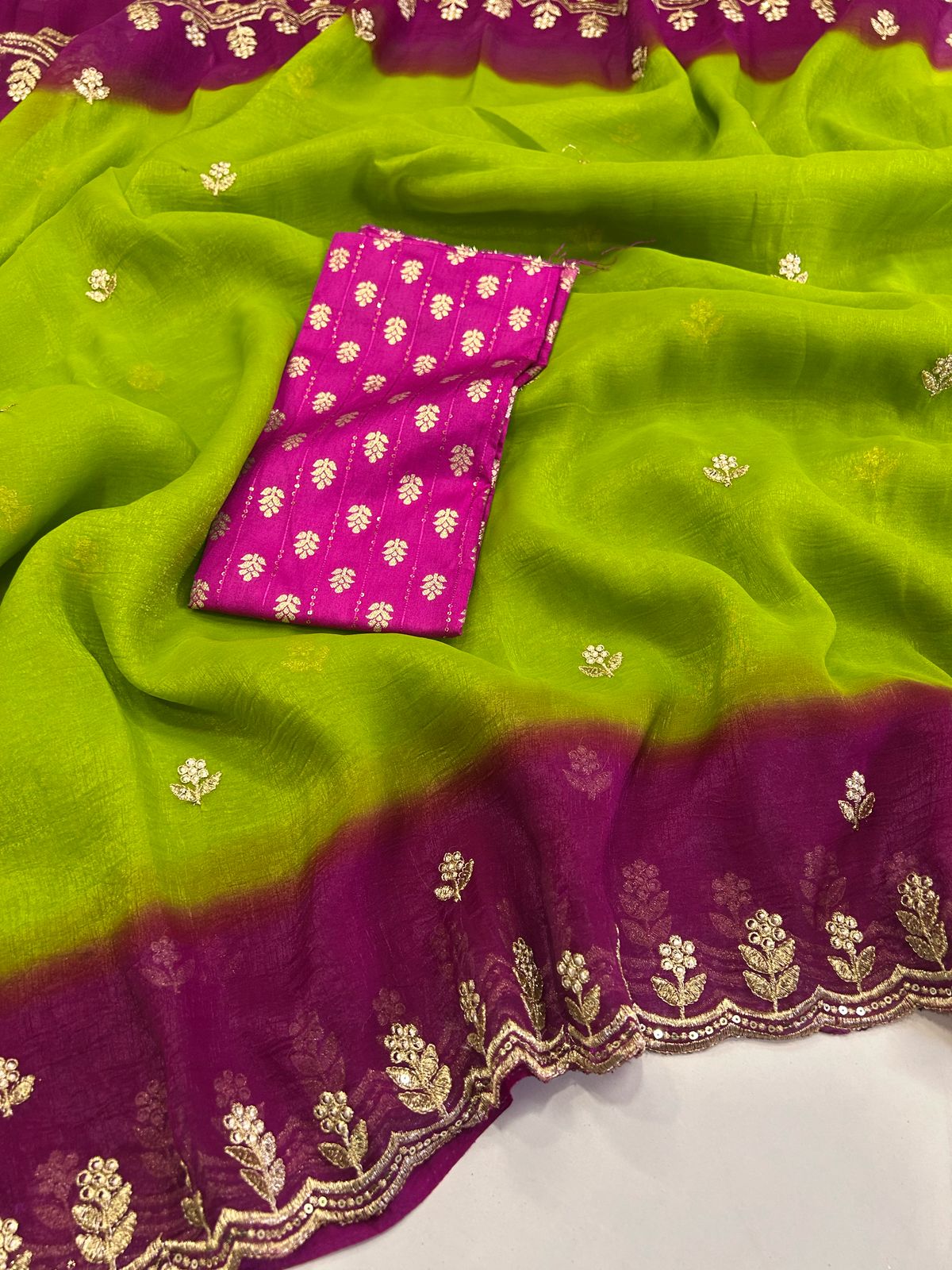 Beutiful Rani n Perrot Color Crunchy Crush Silk Emboridery n Sequence Work Partywear Fancy Designer Saree
