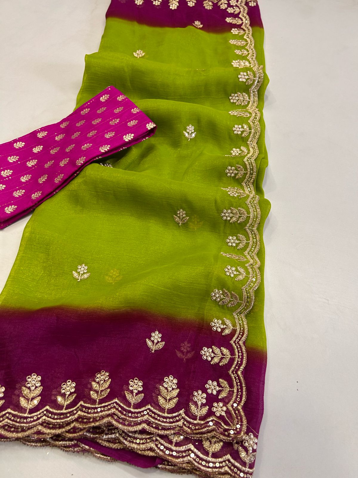 Beutiful Rani n Perrot Color Crunchy Crush Silk Emboridery n Sequence Work Partywear Fancy Designer Saree