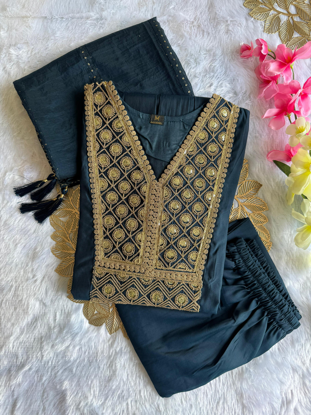 Latest Function Wear Teal Blue Color Cotton Embroidery n Sequence Work Designer Straight Kurta With Trouser n Dupatta Set