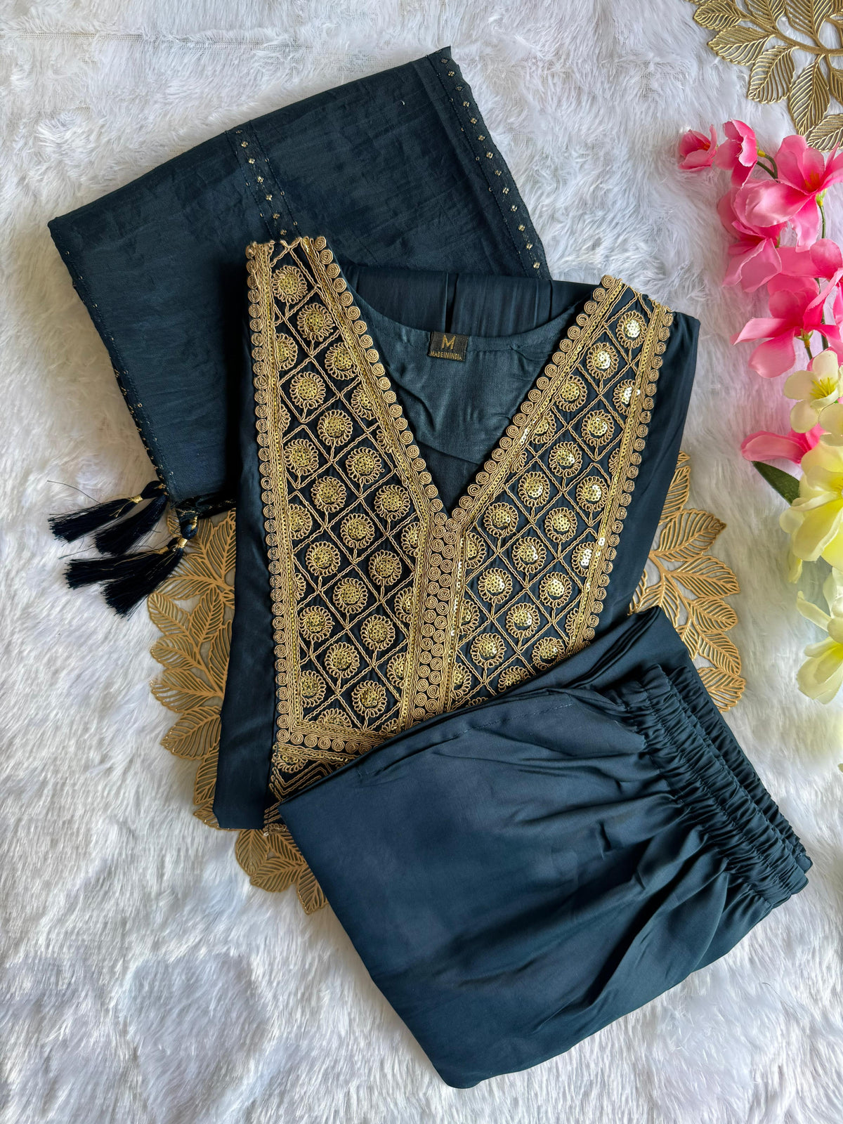 Latest Function Wear Teal Blue Color Cotton Embroidery n Sequence Work Designer Straight Kurta With Trouser n Dupatta Set