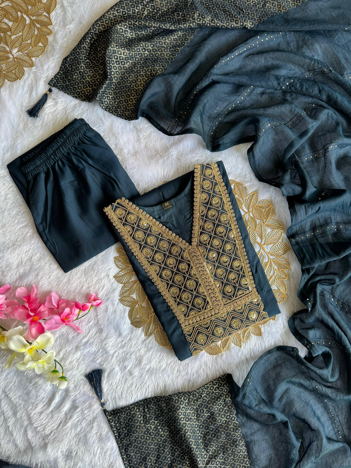 Latest Function Wear Teal Blue Color Cotton Embroidery n Sequence Work Designer Straight Kurta With Trouser n Dupatta Set