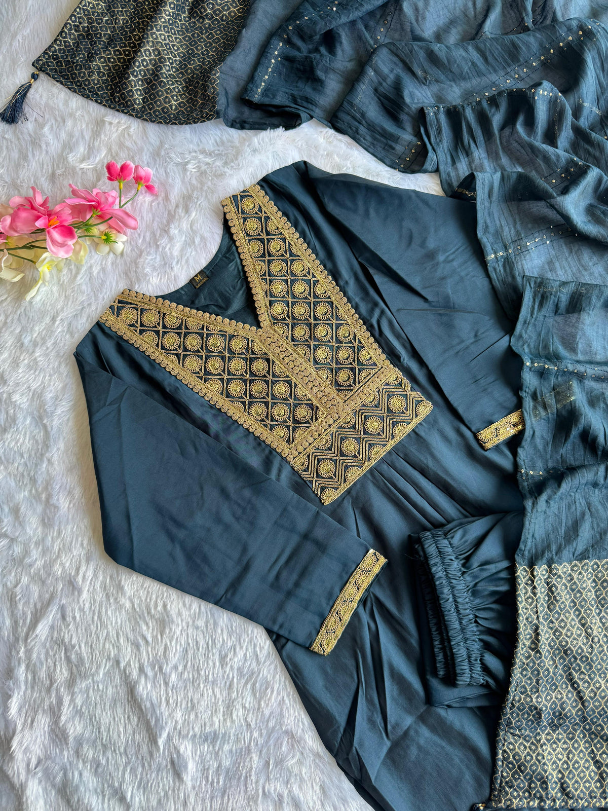 Latest Function Wear Teal Blue Color Cotton Embroidery n Sequence Work Designer Straight Kurta With Trouser n Dupatta Set