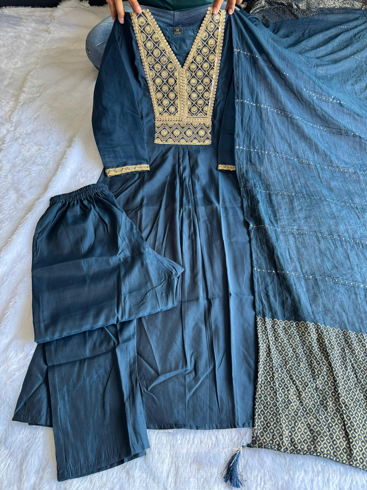 Latest Function Wear Teal Blue Color Cotton Embroidery n Sequence Work Designer Straight Kurta With Trouser n Dupatta Set