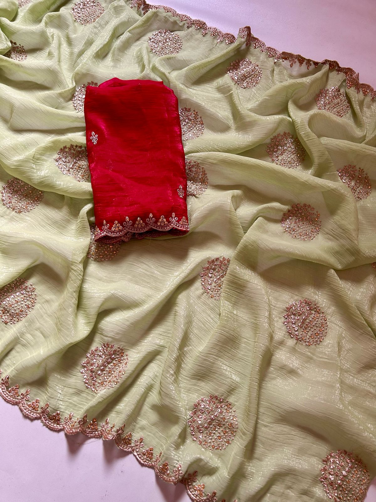 New Pista Color Crunchy Chiffon Crush Silk With Beautiful Embroidery n Cut Work Partywear Fancy Designer Saree