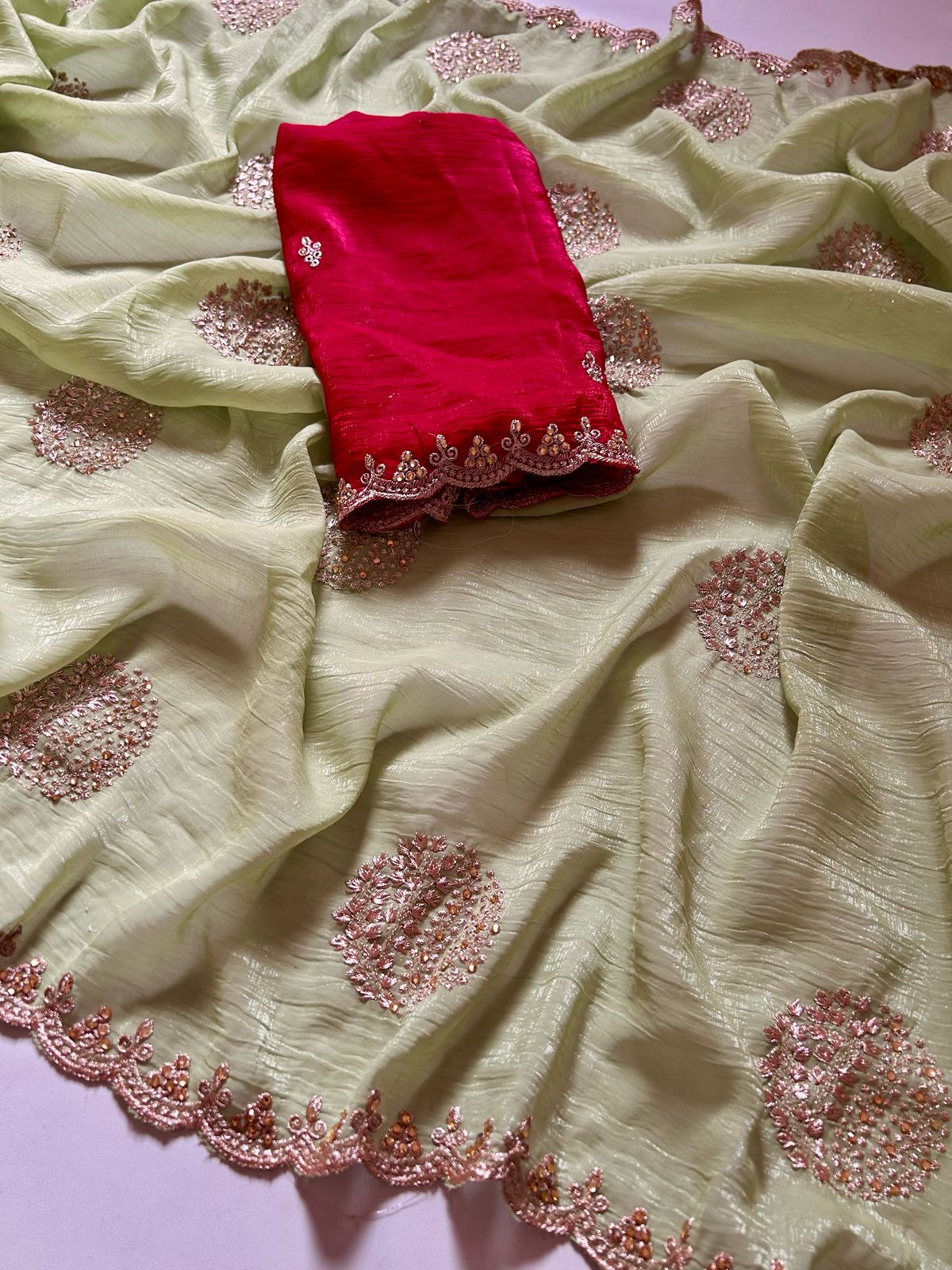 New Pista Color Crunchy Chiffon Crush Silk With Beautiful Embroidery n Cut Work Partywear Fancy Designer Saree
