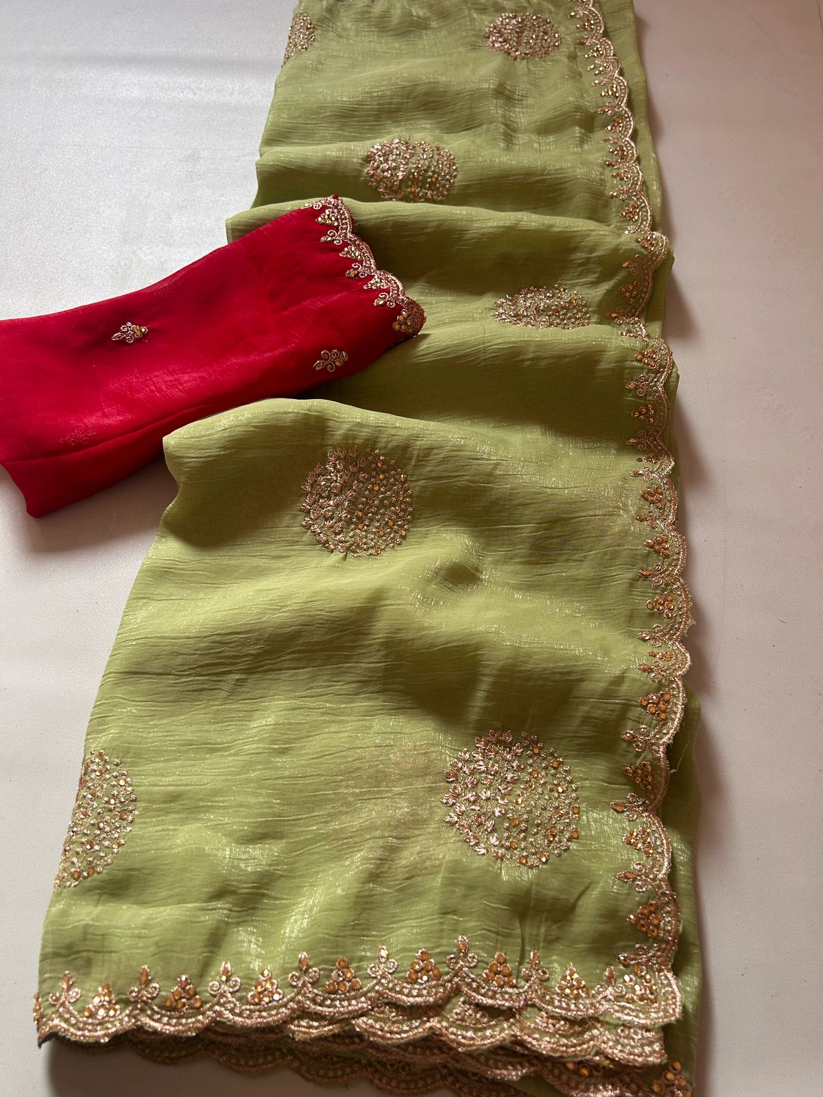 New Pista Color Crunchy Chiffon Crush Silk With Beautiful Embroidery n Cut Work Partywear Fancy Designer Saree