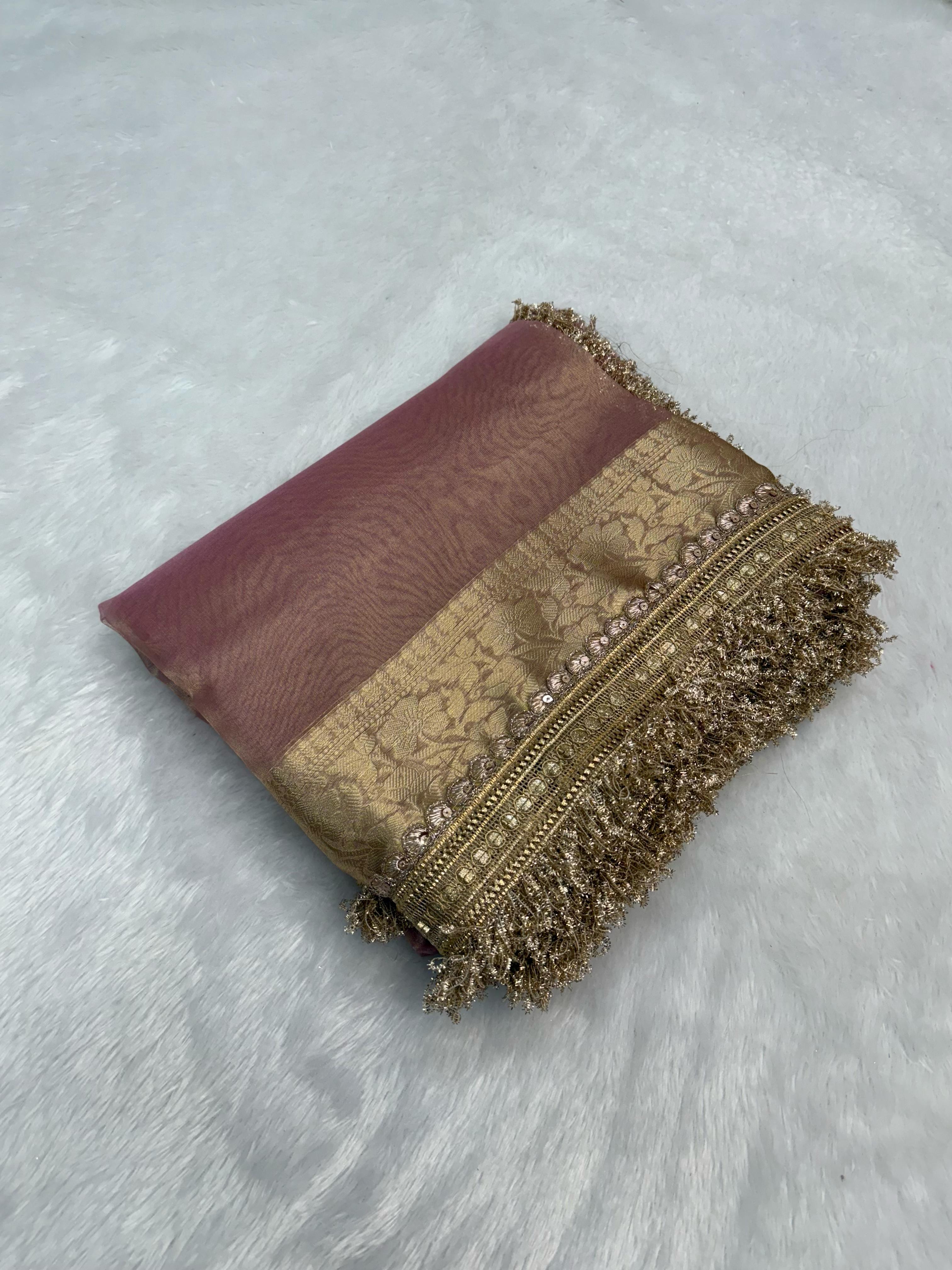 Latest Pink Color Banarasi Soft Tissue Silk Jacquard n Lace Work Fancy Designer Function Wear Saree