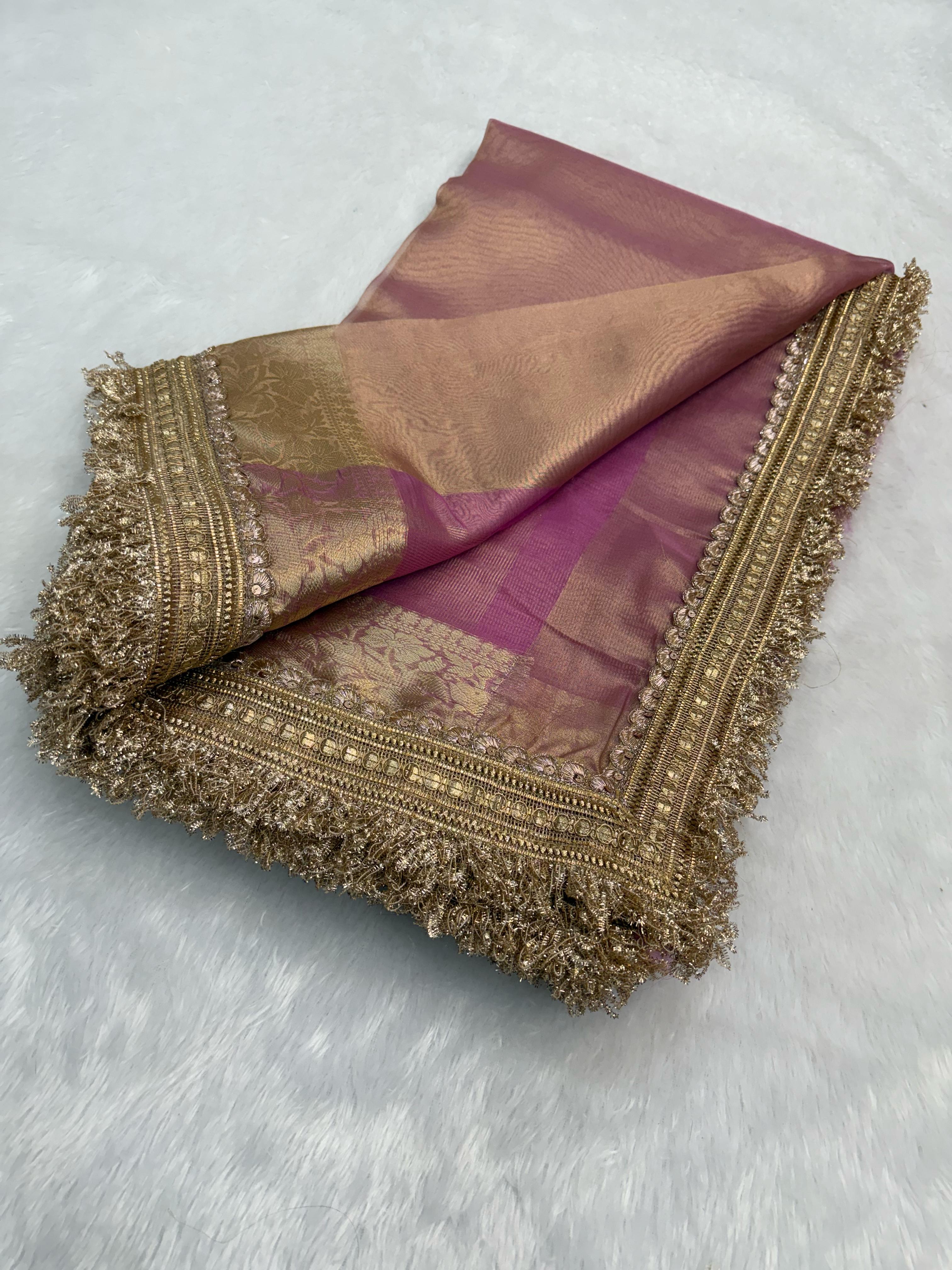 Latest Pink Color Banarasi Soft Tissue Silk Jacquard n Lace Work Fancy Designer Function Wear Saree
