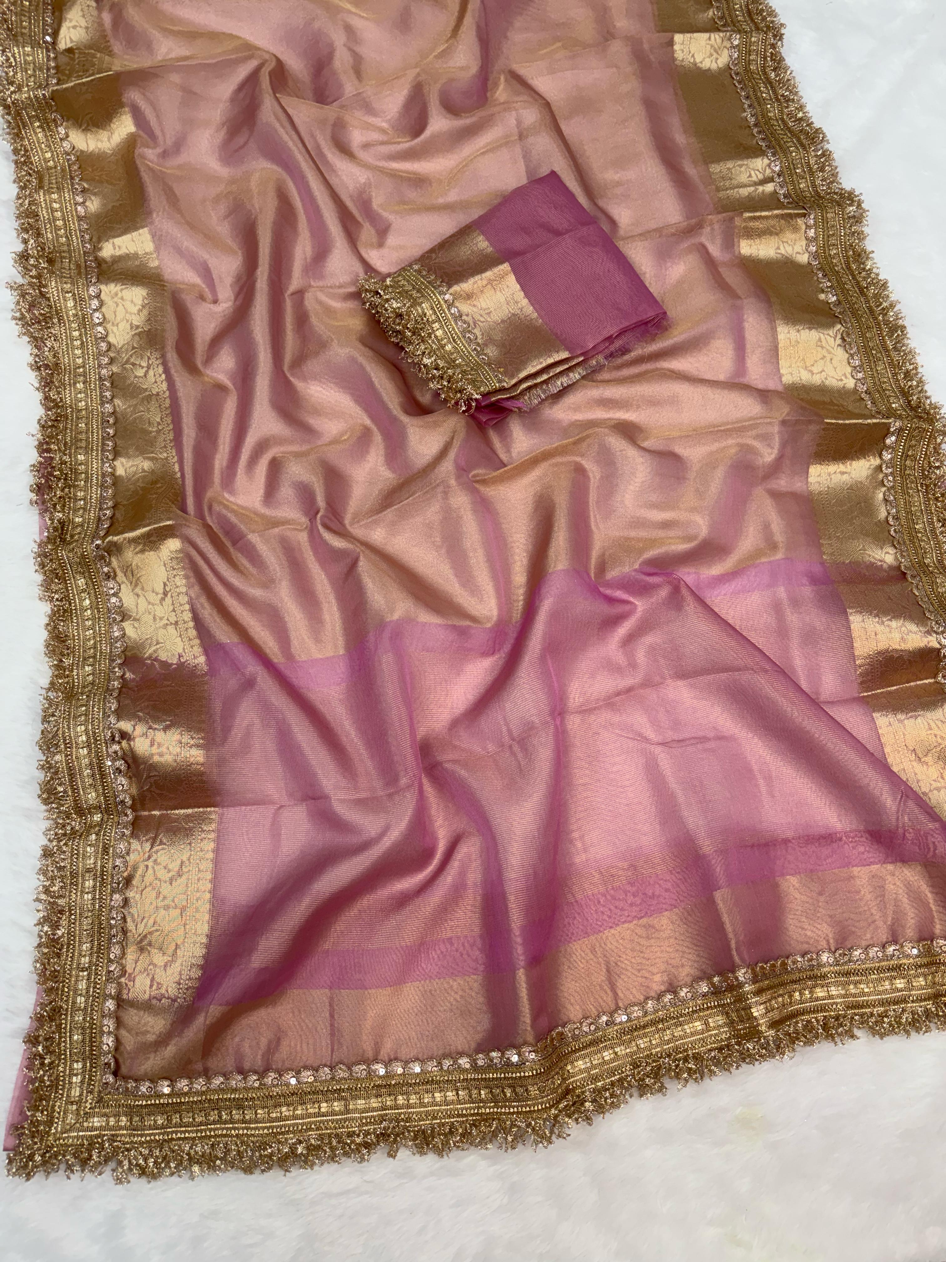 Latest Pink Color Banarasi Soft Tissue Silk Jacquard n Lace Work Fancy Designer Function Wear Saree