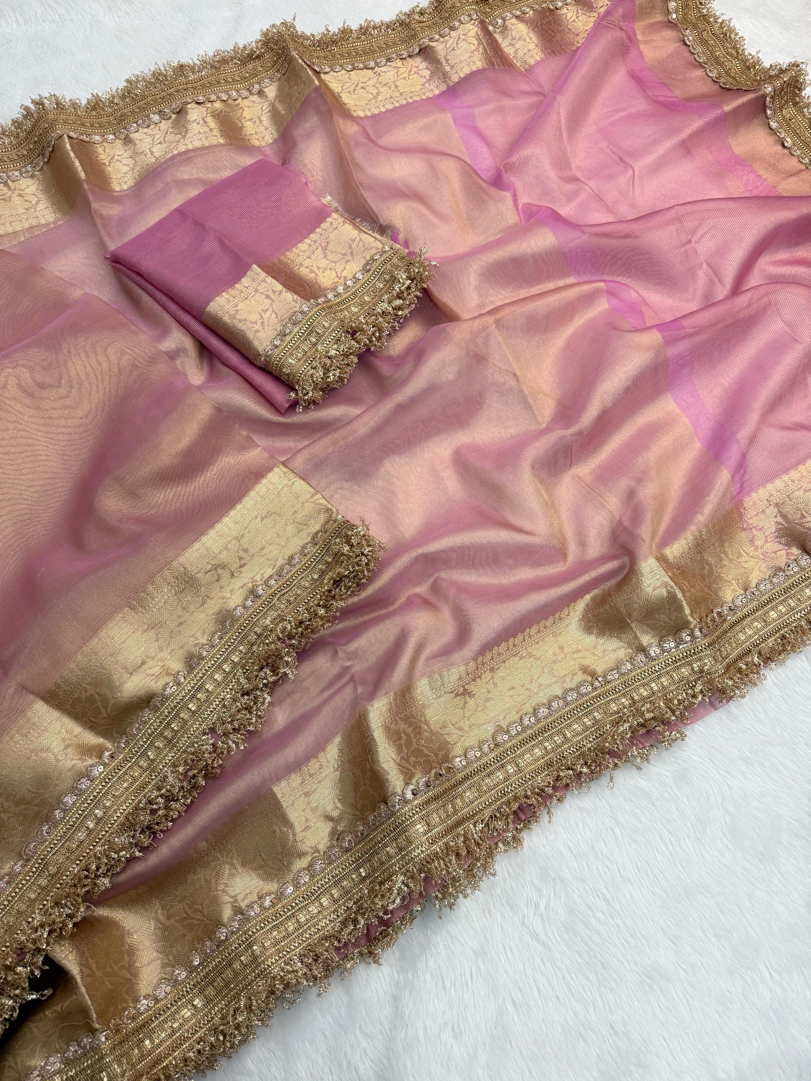 Latest Pink Color Banarasi Soft Tissue Silk Jacquard n Lace Work Fancy Designer Function Wear Saree