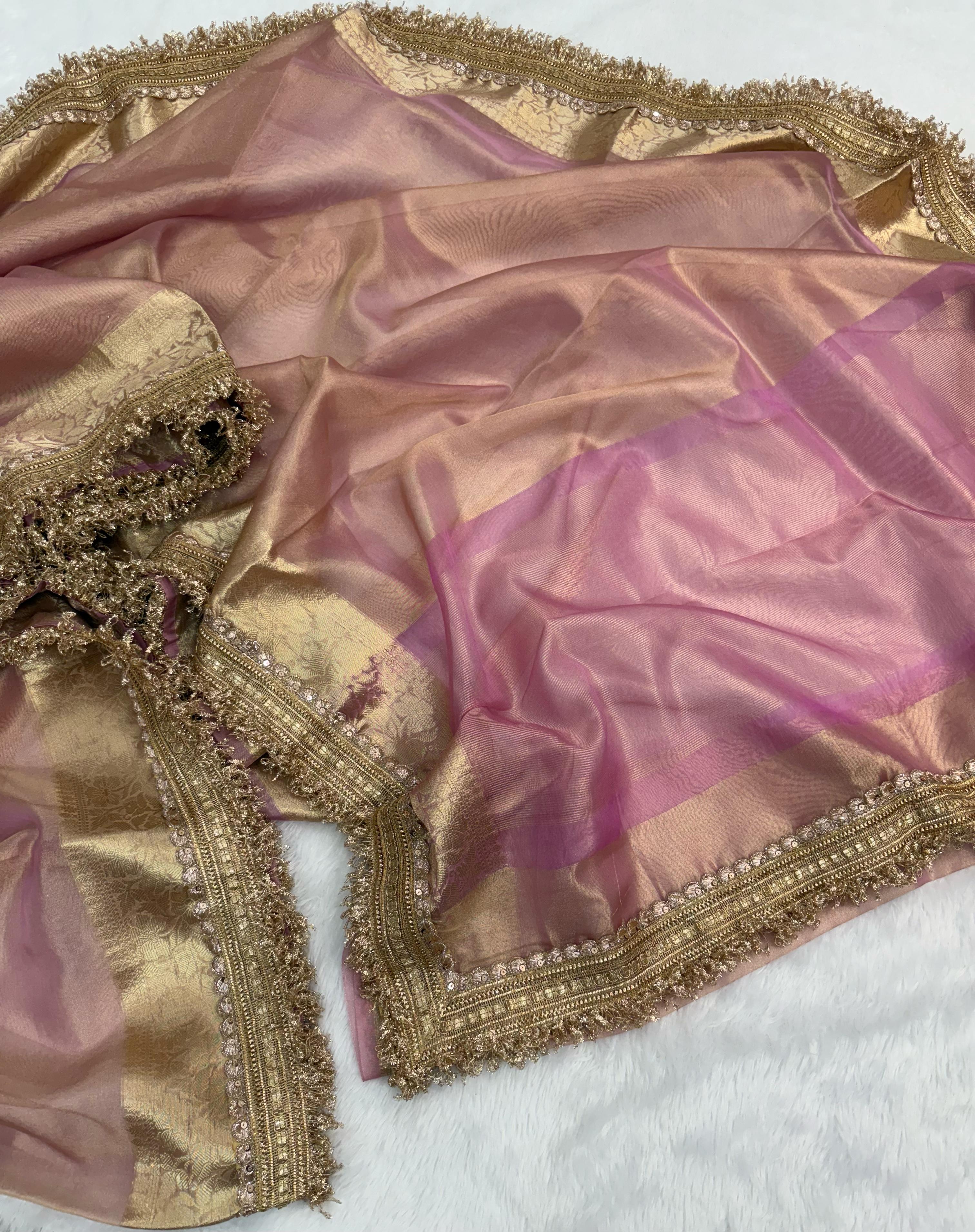 Latest Pink Color Banarasi Soft Tissue Silk Jacquard n Lace Work Fancy Designer Function Wear Saree