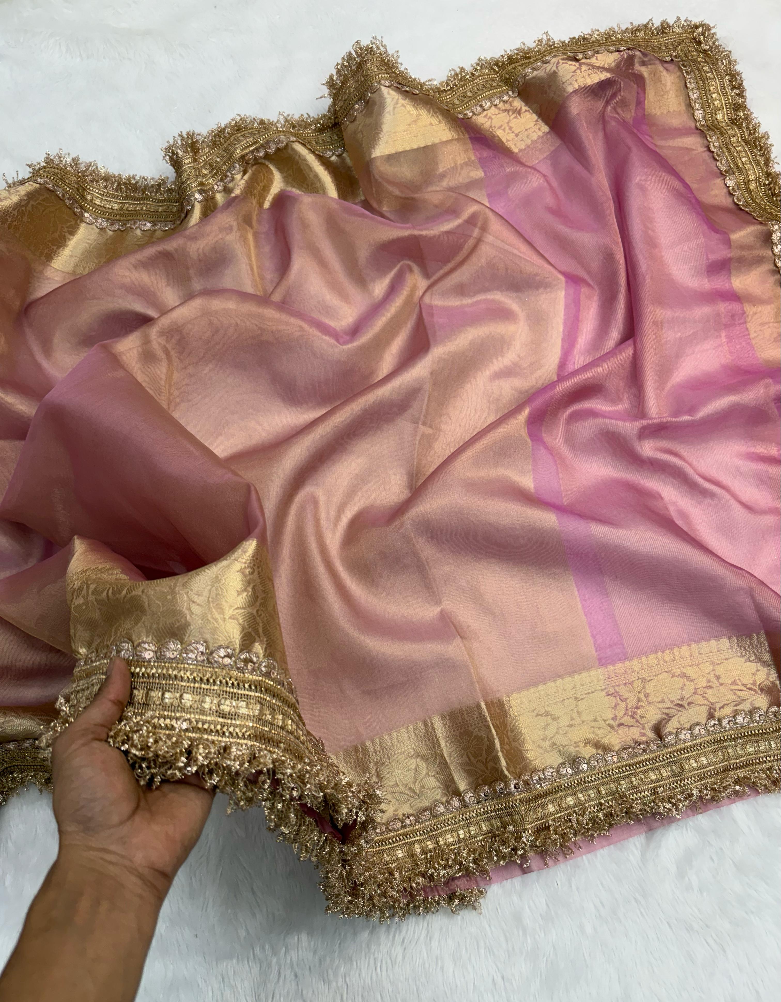 Latest Pink Color Banarasi Soft Tissue Silk Jacquard n Lace Work Fancy Designer Function Wear Saree
