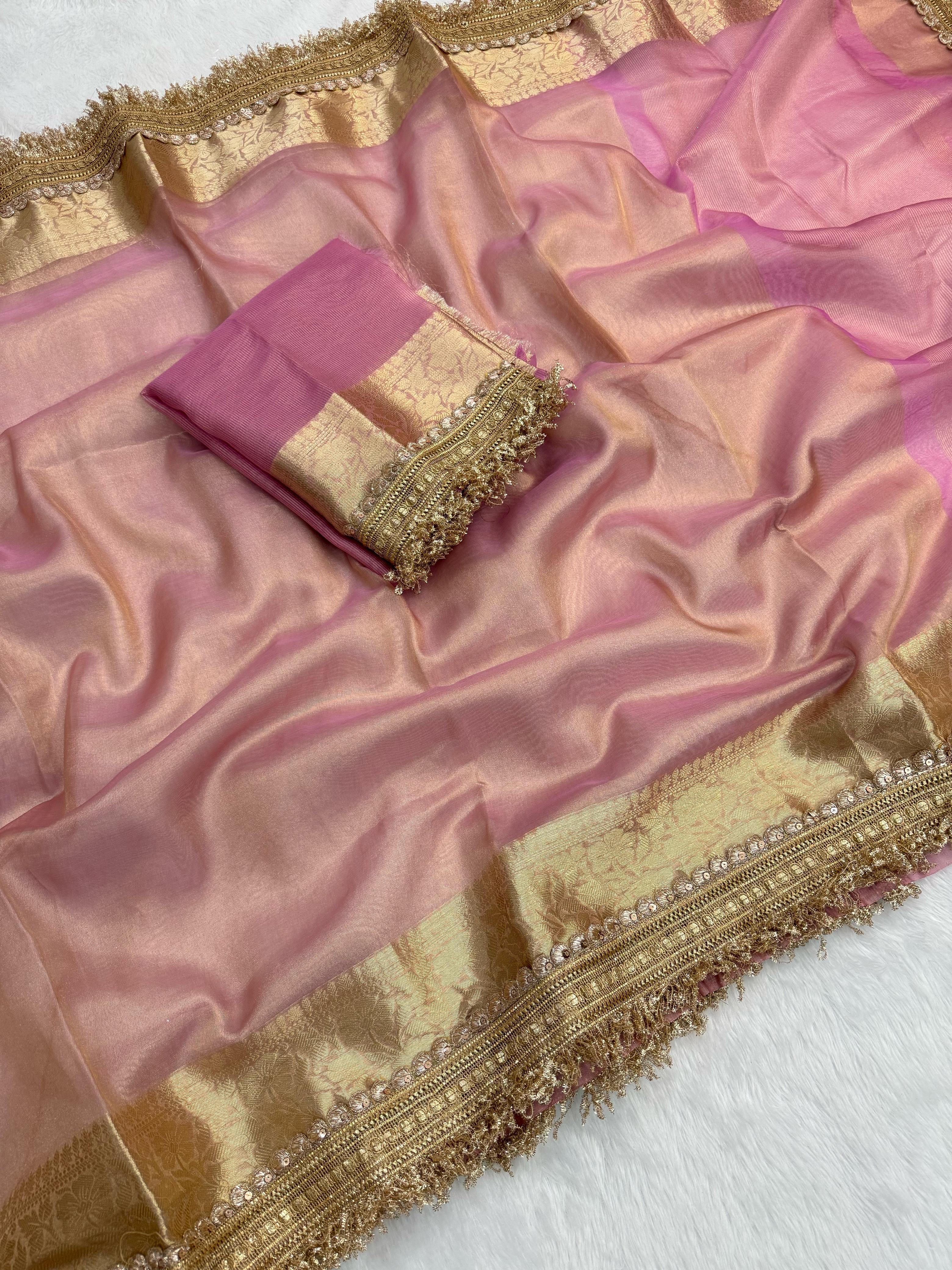 Latest Pink Color Banarasi Soft Tissue Silk Jacquard n Lace Work Fancy Designer Function Wear Saree