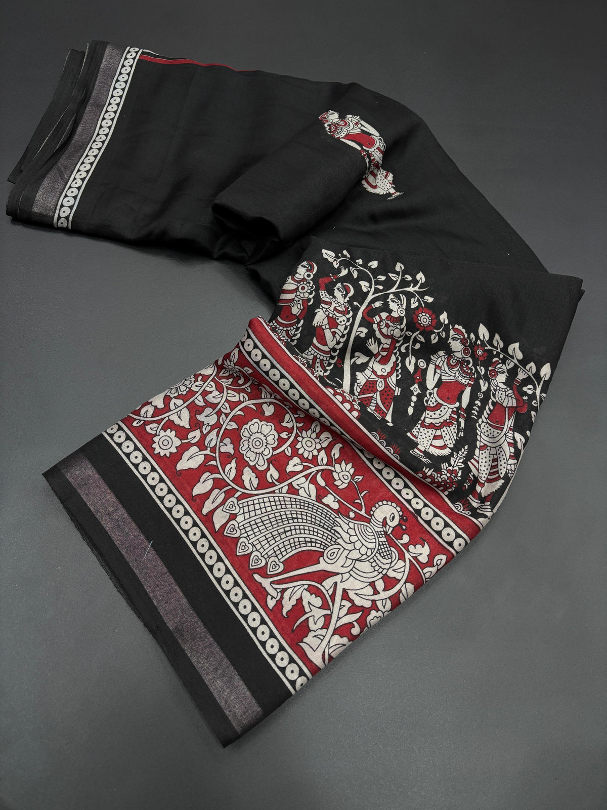 New Function Wear Black Color Viscose Georgette Kalamkari Print N Zari Border Work Fancy Designer Saree Design