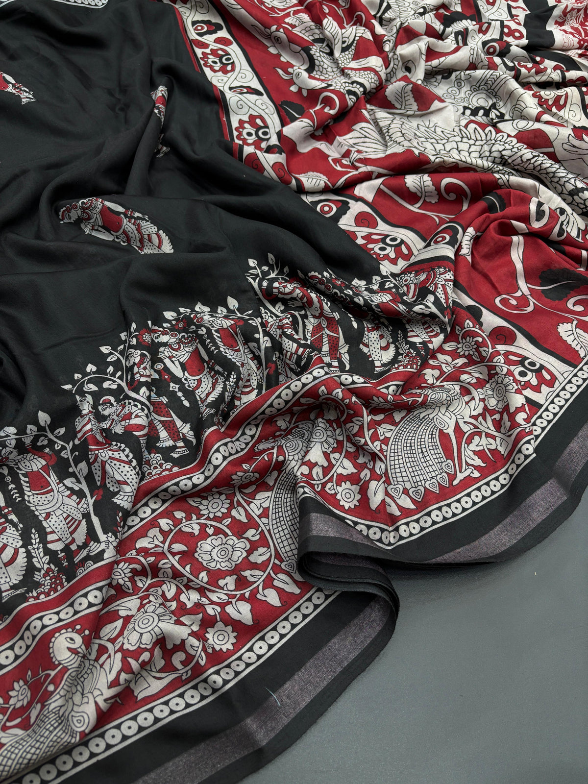 New Function Wear Black Color Viscose Georgette Kalamkari Print N Zari Border Work Fancy Designer Saree Design