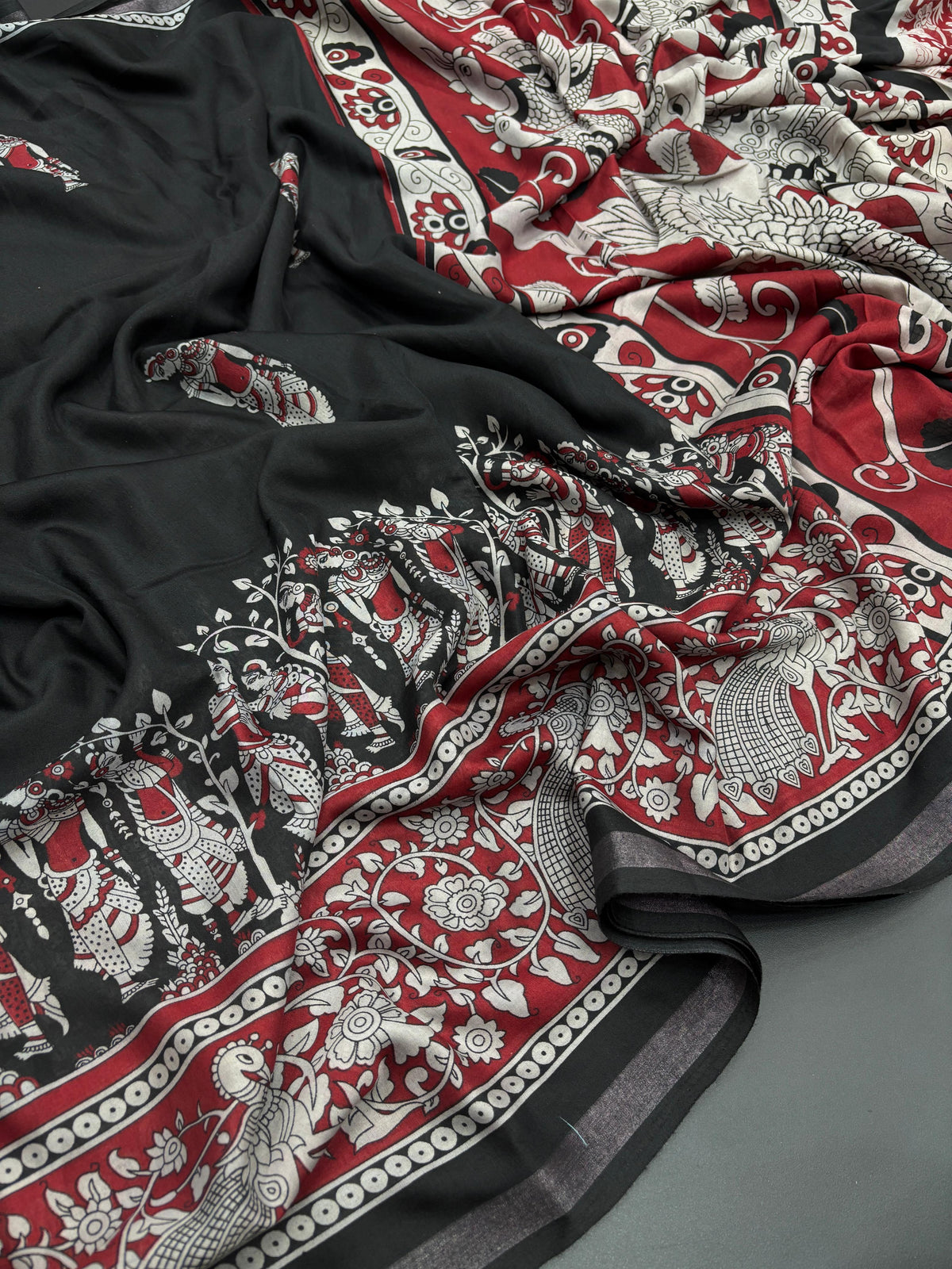 New Function Wear Black Color Viscose Georgette Kalamkari Print N Zari Border Work Fancy Designer Saree Design