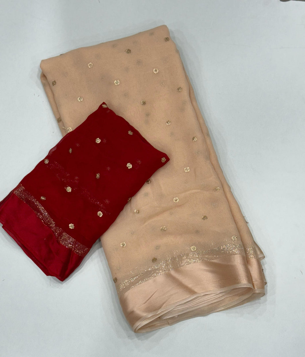 Latest Festive Wear Beige Color Georgette Satin Patta With Sequence Butti Work Fancy Designer Saree