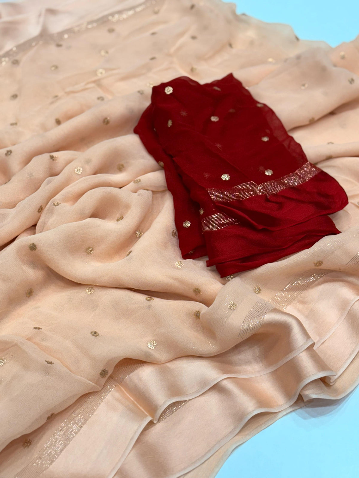 Latest Festive Wear Beige Color Georgette Satin Patta With Sequence Butti Work Fancy Designer Saree
