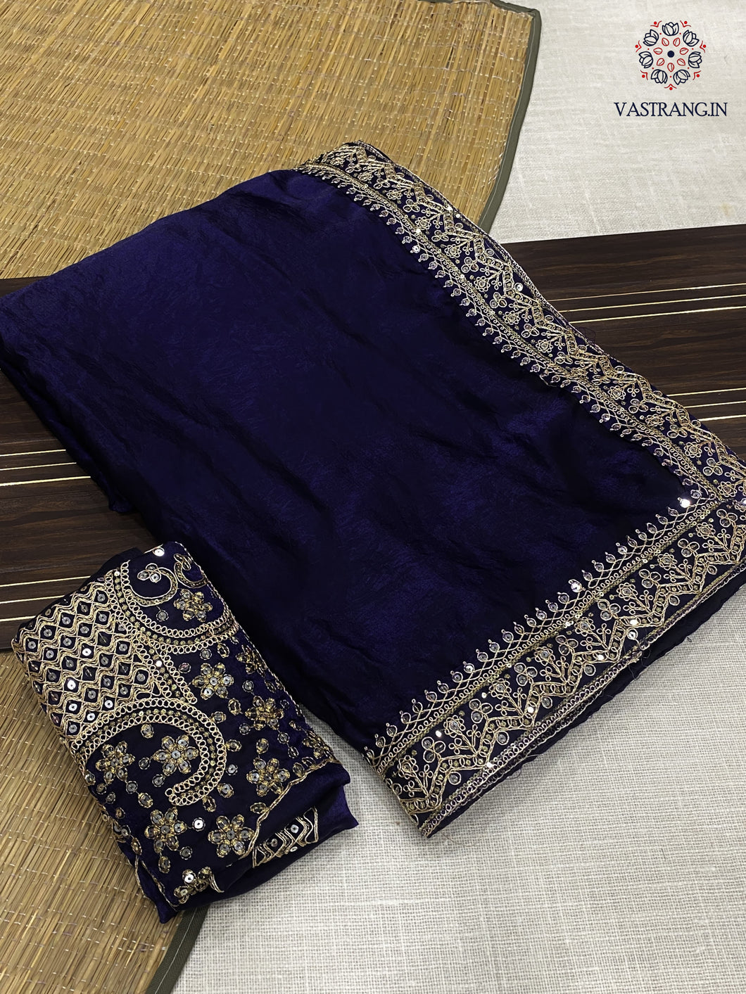 New Navy Blue Color Partywear Soft Satin Silk Embrodiery n Sequence Work Fancy Designer Saree