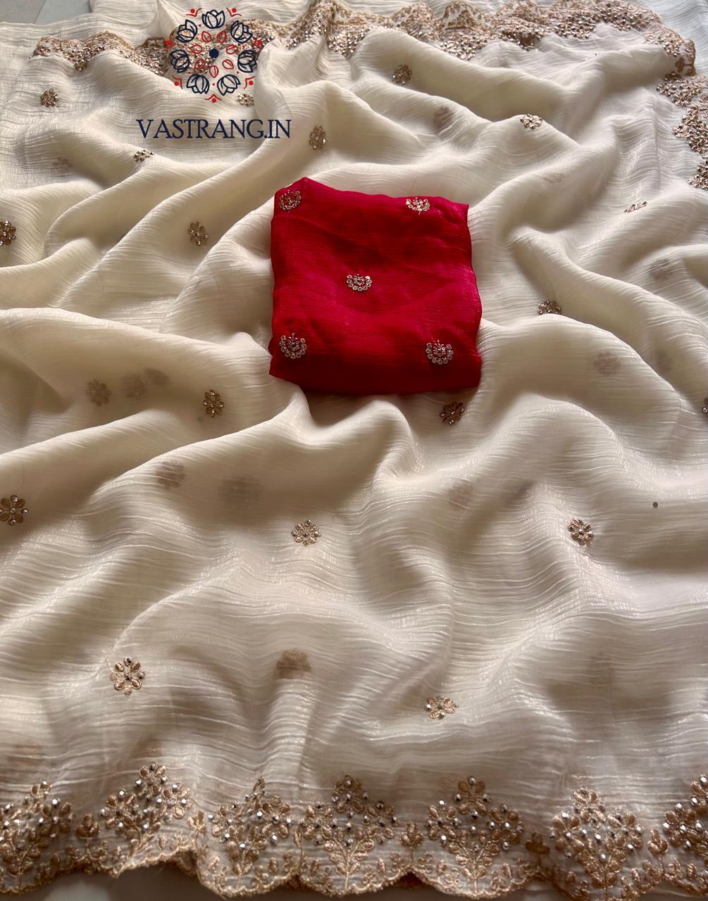 New Partywear Off White Color Chiffon Crush Silk Beautiful Cut Work Fancy Designer Saree