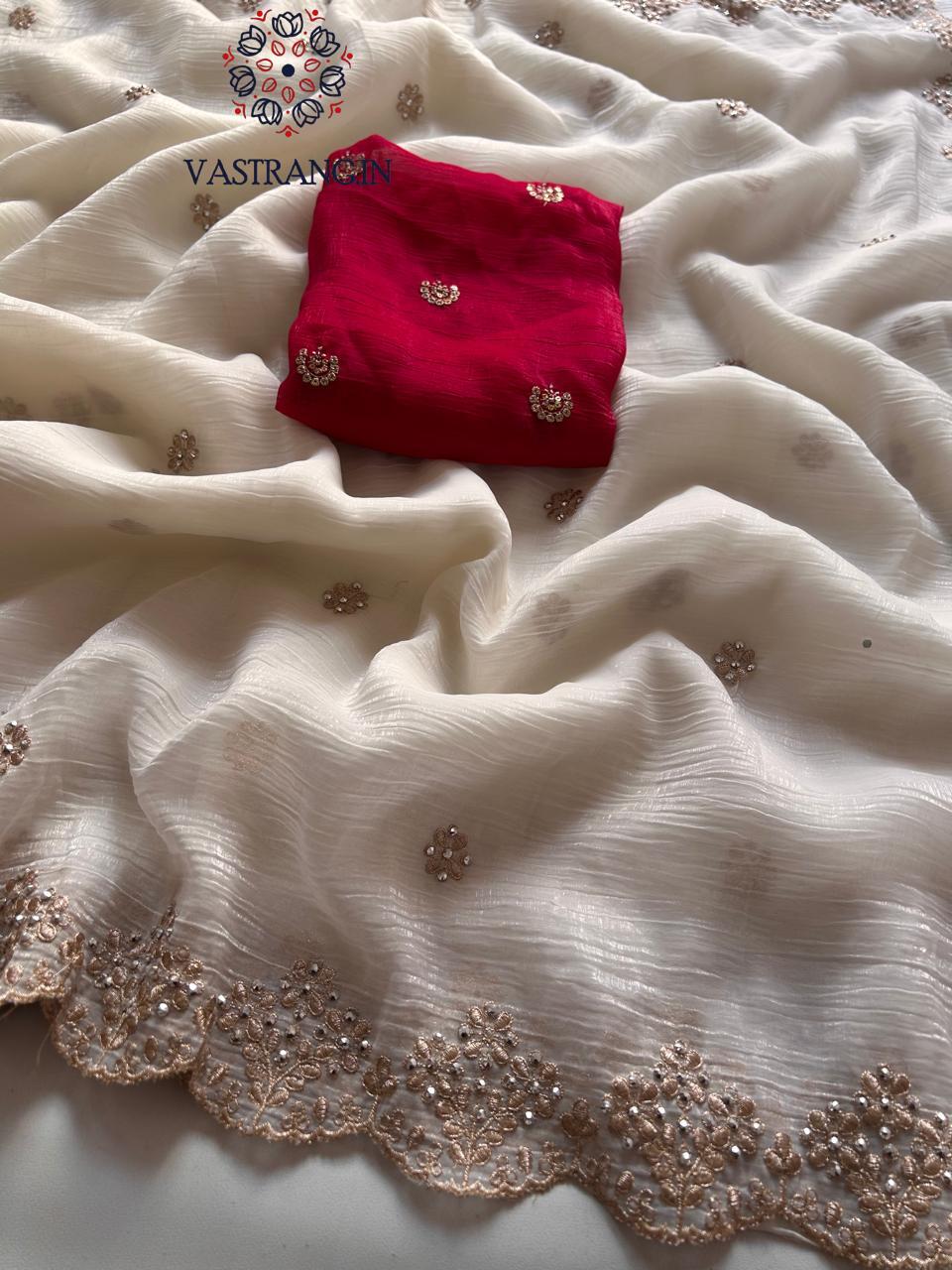 New Partywear Off White Color Chiffon Crush Silk Beautiful Cut Work Fancy Designer Saree