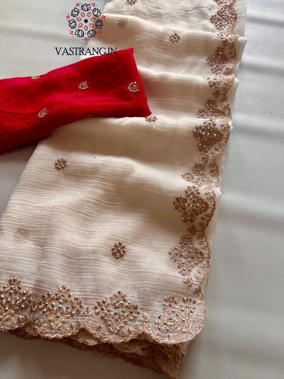New Partywear Off White Color Chiffon Crush Silk Beautiful Cut Work Fancy Designer Saree