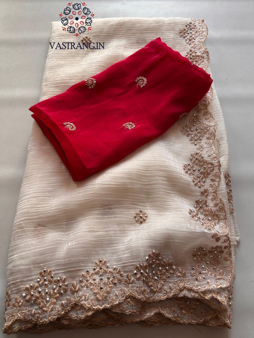 New Partywear Off White Color Chiffon Crush Silk Beautiful Cut Work Fancy Designer Saree