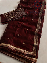 Load image into Gallery viewer, Latest Maroon Color Partywear Rangoli Silk Embrodiered Sequence Work Fancy Designer Saree With Blouse
