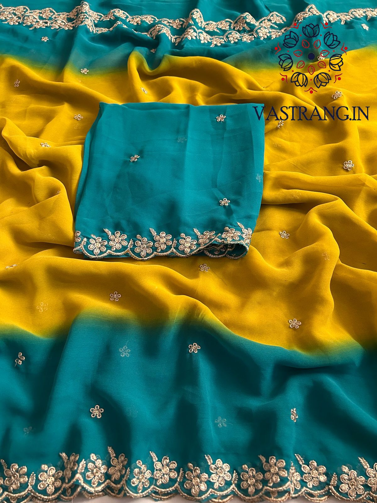 New Wedding Wear Rama n Mustard Georgette Embroidery Sequence And Jari Work Fancy Designer Saree