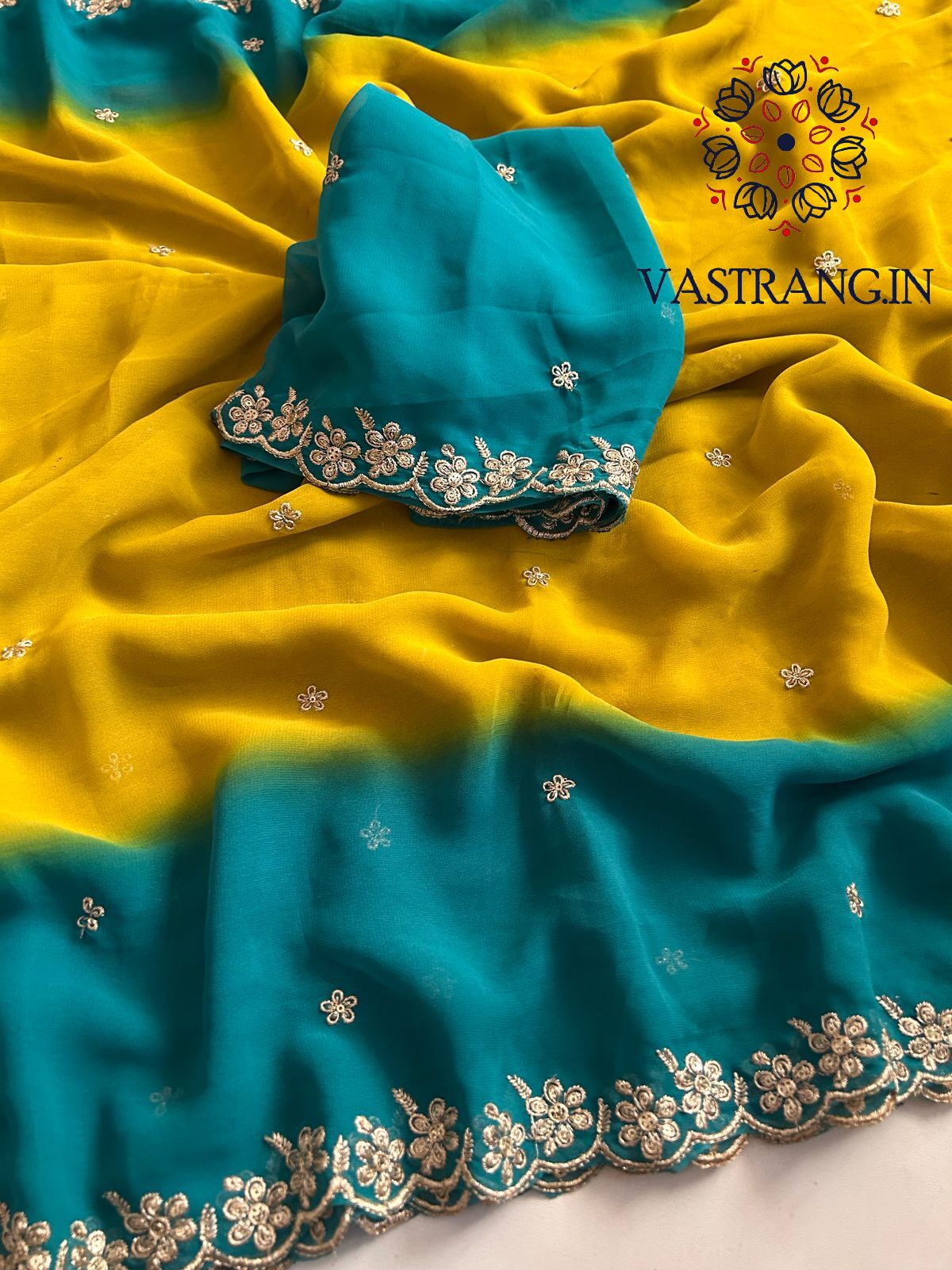 New Wedding Wear Rama n Mustard Georgette Embroidery Sequence And Jari Work Fancy Designer Saree