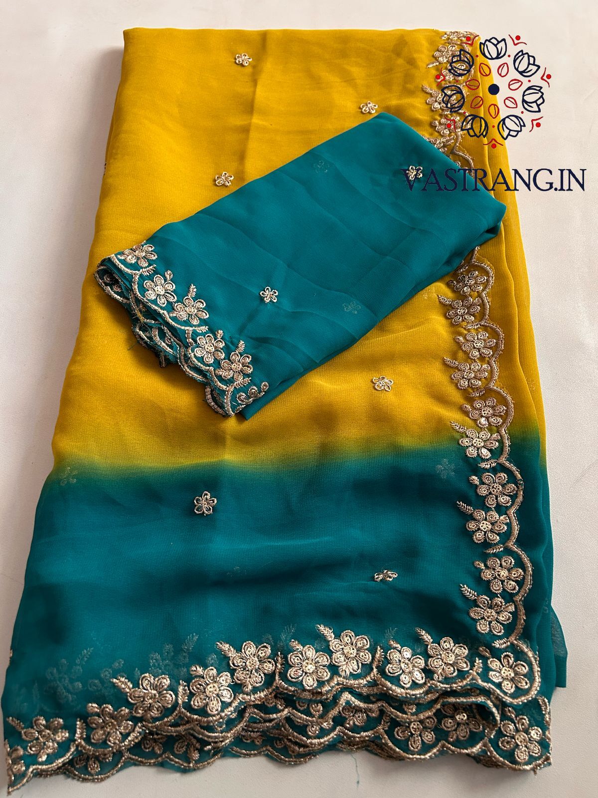 New Wedding Wear Rama n Mustard Georgette Embroidery Sequence And Jari Work Fancy Designer Saree