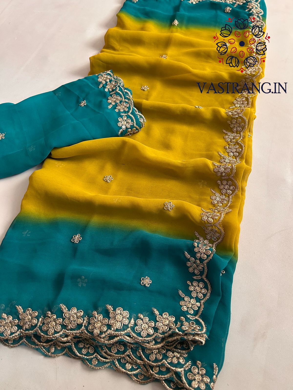 New Wedding Wear Rama n Mustard Georgette Embroidery Sequence And Jari Work Fancy Designer Saree