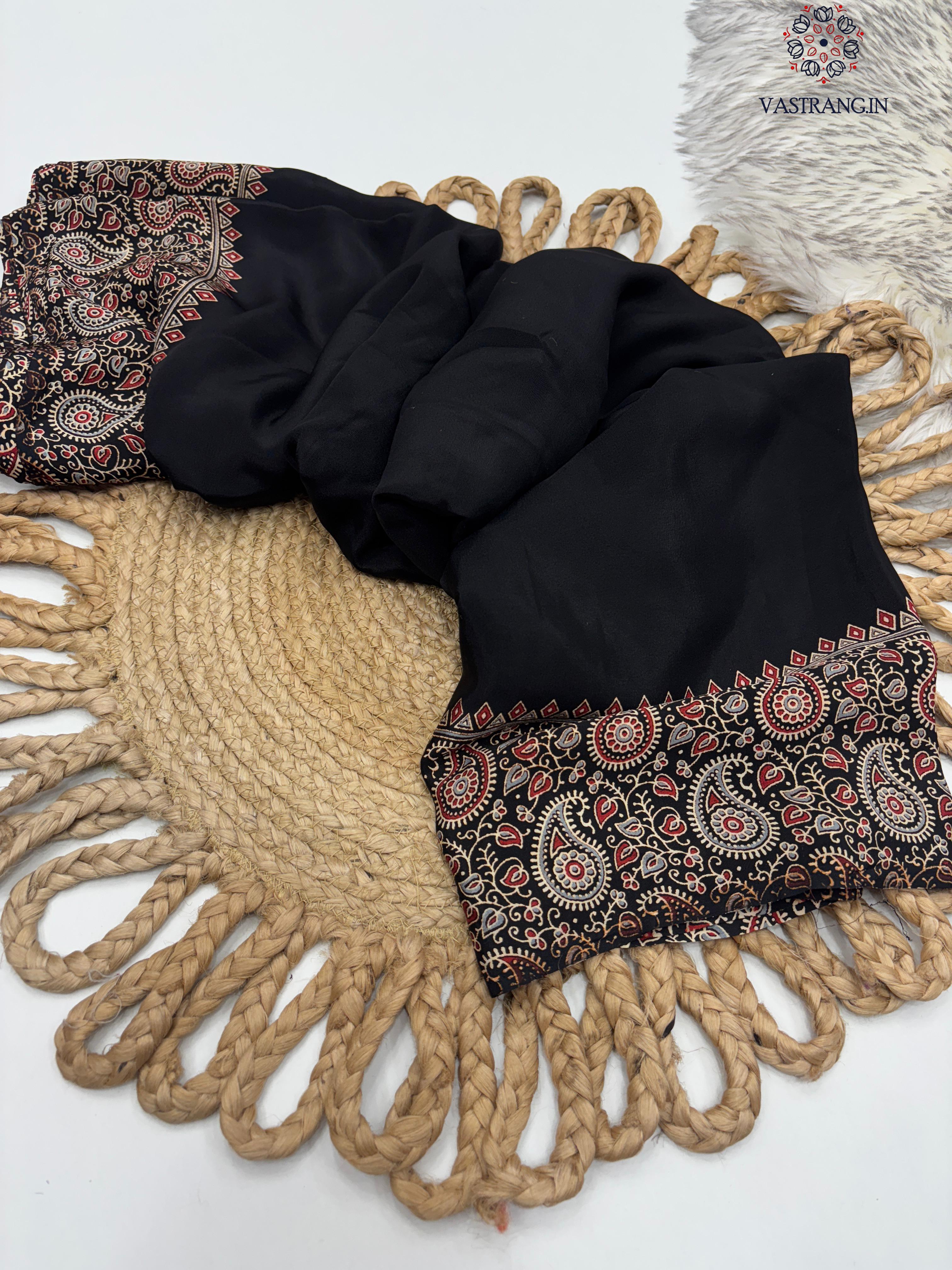 New Function Wear Pure Satin Silk Ajrak Printed Rich Pallu n Tussles Work Fancy Designer Saree