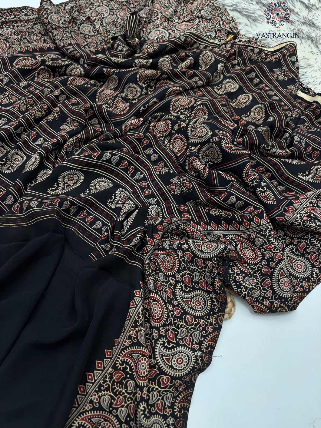 New Function Wear Pure Satin Silk Ajrak Printed Rich Pallu n Tussles Work Fancy Designer Saree
