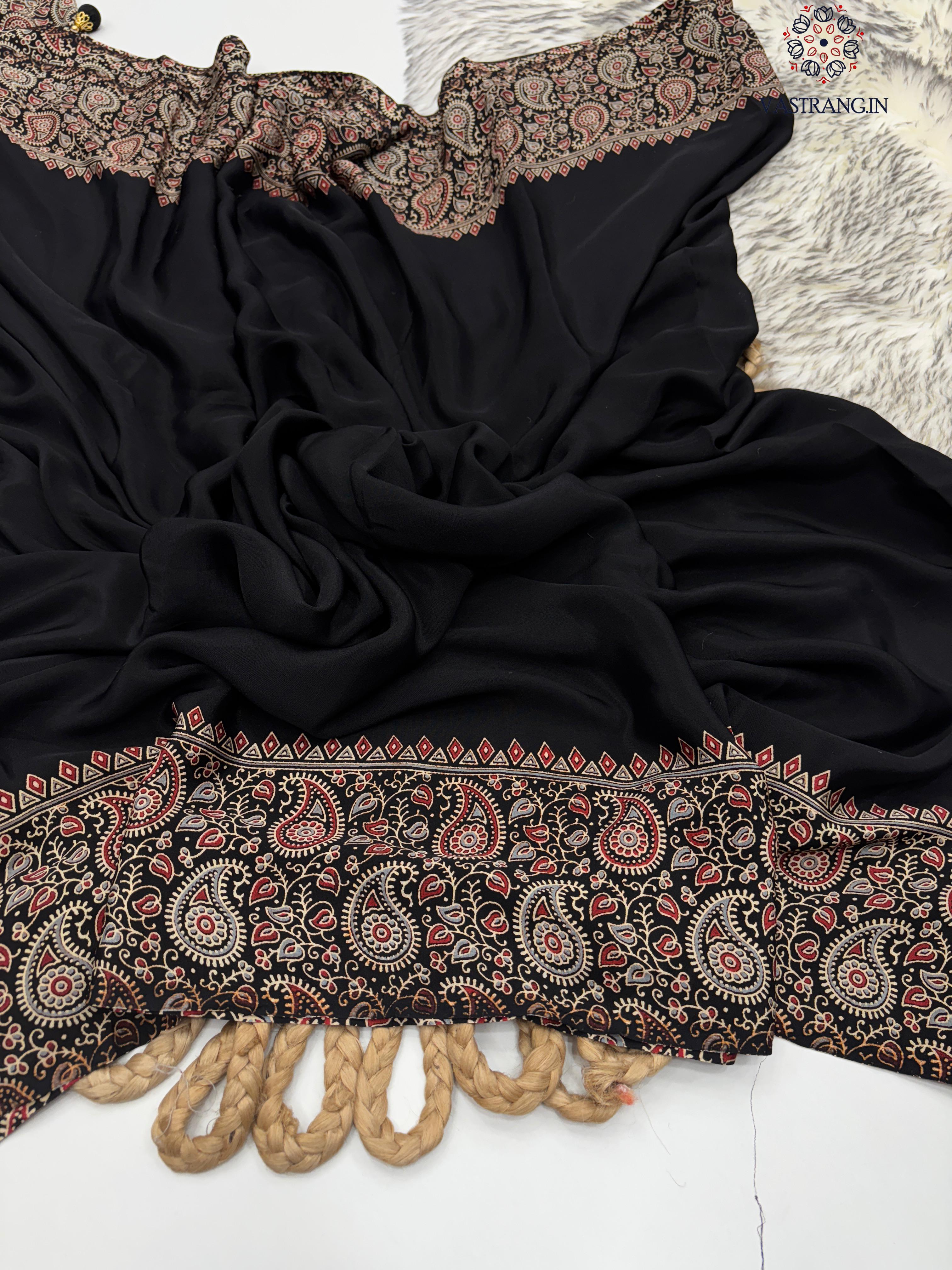New Function Wear Pure Satin Silk Ajrak Printed Rich Pallu n Tussles Work Fancy Designer Saree