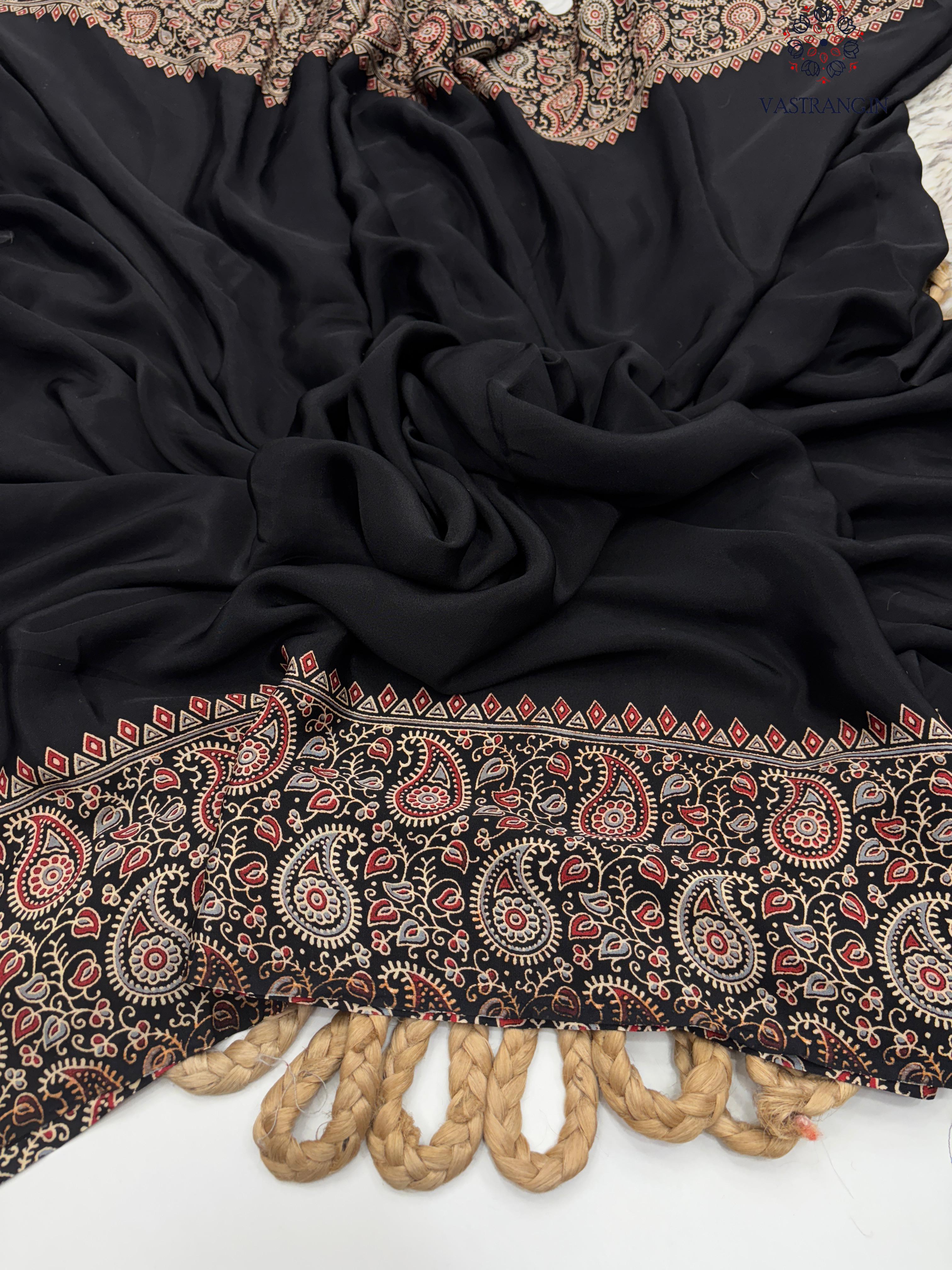 New Function Wear Pure Satin Silk Ajrak Printed Rich Pallu n Tussles Work Fancy Designer Saree