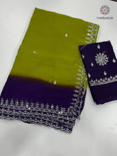 Load image into Gallery viewer, New Perrot n Purple Pedding Color Soft Chiffon Silk Sequence Embroidered n Cut Work Fancy Designer Partywear Saree
