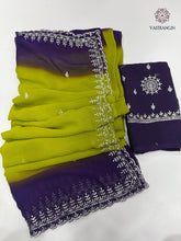 Load image into Gallery viewer, New Perrot n Purple Pedding Color Soft Chiffon Silk Sequence Embroidered n Cut Work Fancy Designer Partywear Saree
