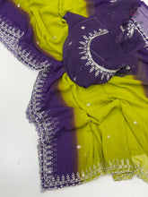Load image into Gallery viewer, New Perrot n Purple Pedding Color Soft Chiffon Silk Sequence Embroidered n Cut Work Fancy Designer Partywear Saree
