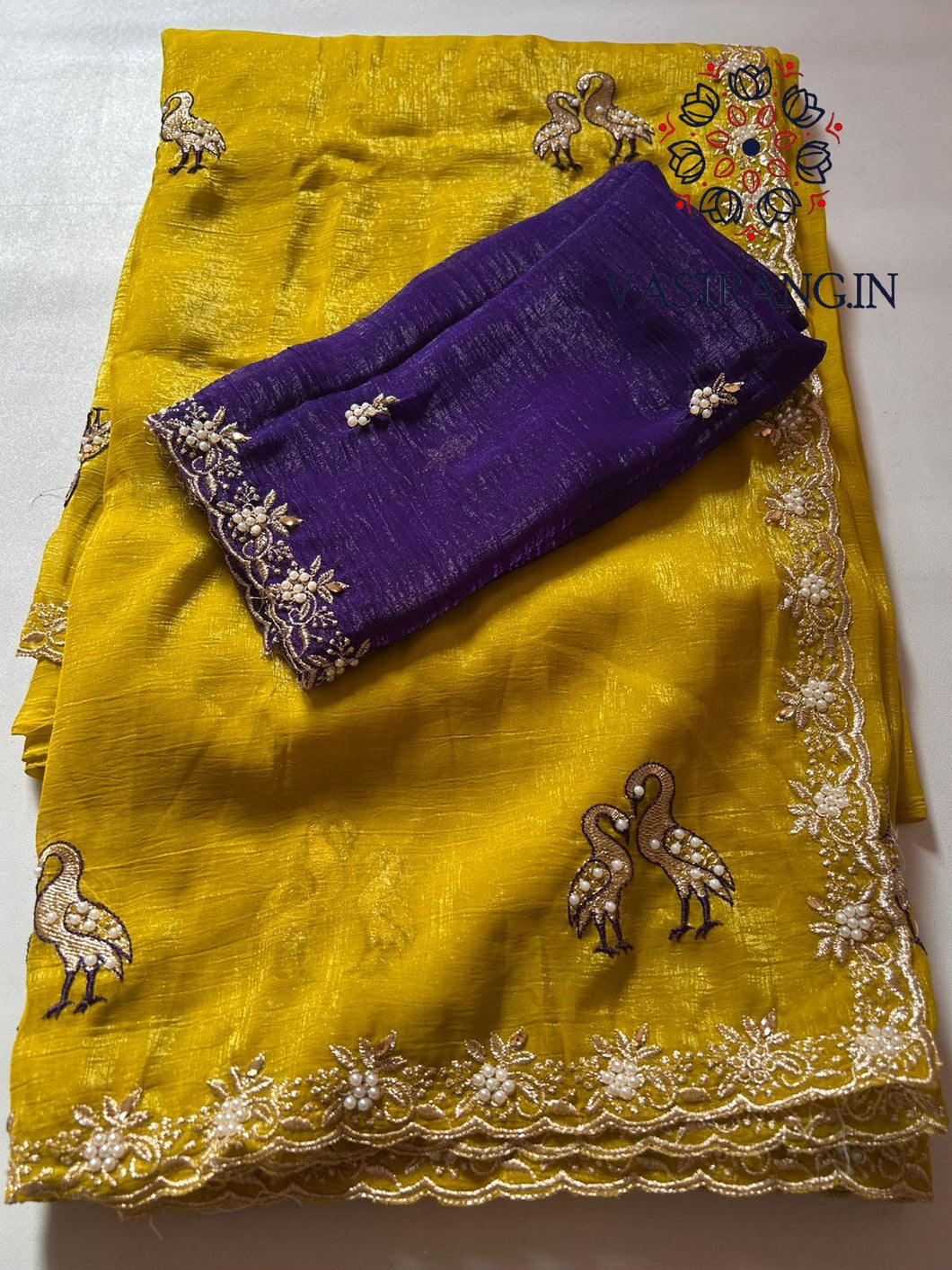 New Mustard Color Crunchy Chiffon Crush Silk Embroidery n Cut Work Border Fancy Designer Partywear Saree