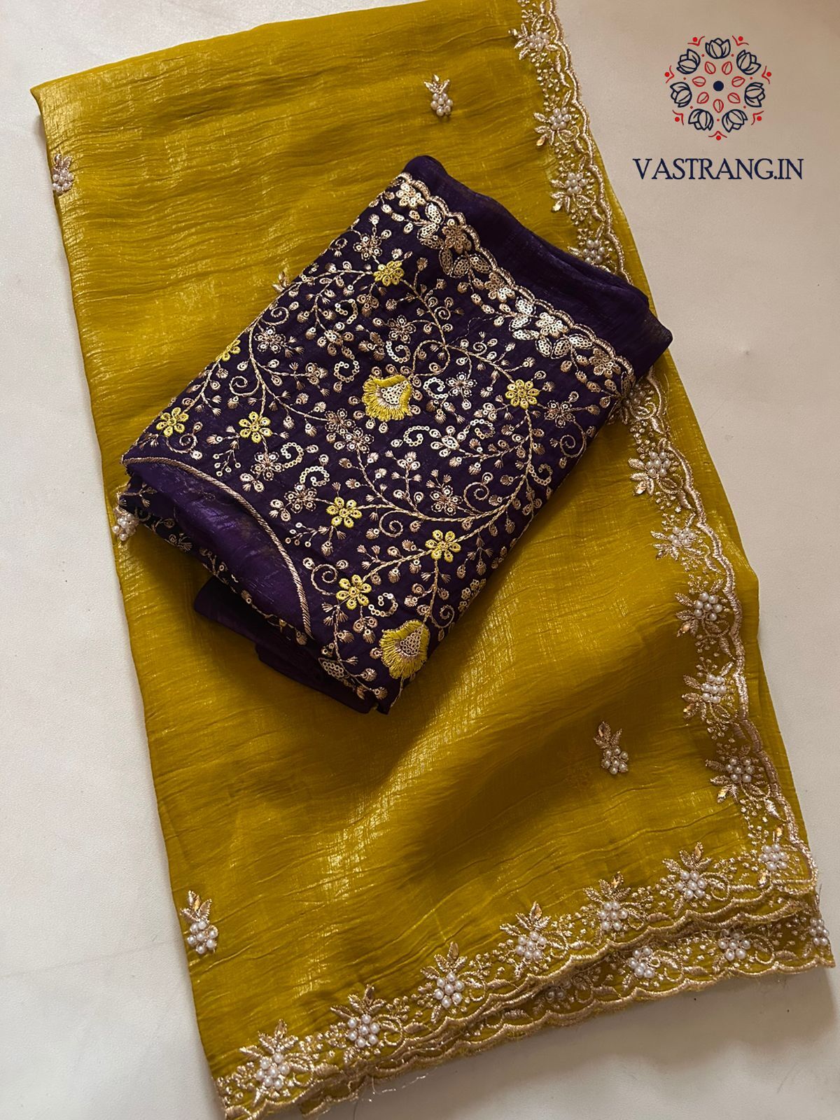 Mustard Color Crunchy Chiffon Crush Silk Embroidery n Cut Work Border Fancy Designer Partywear Saree