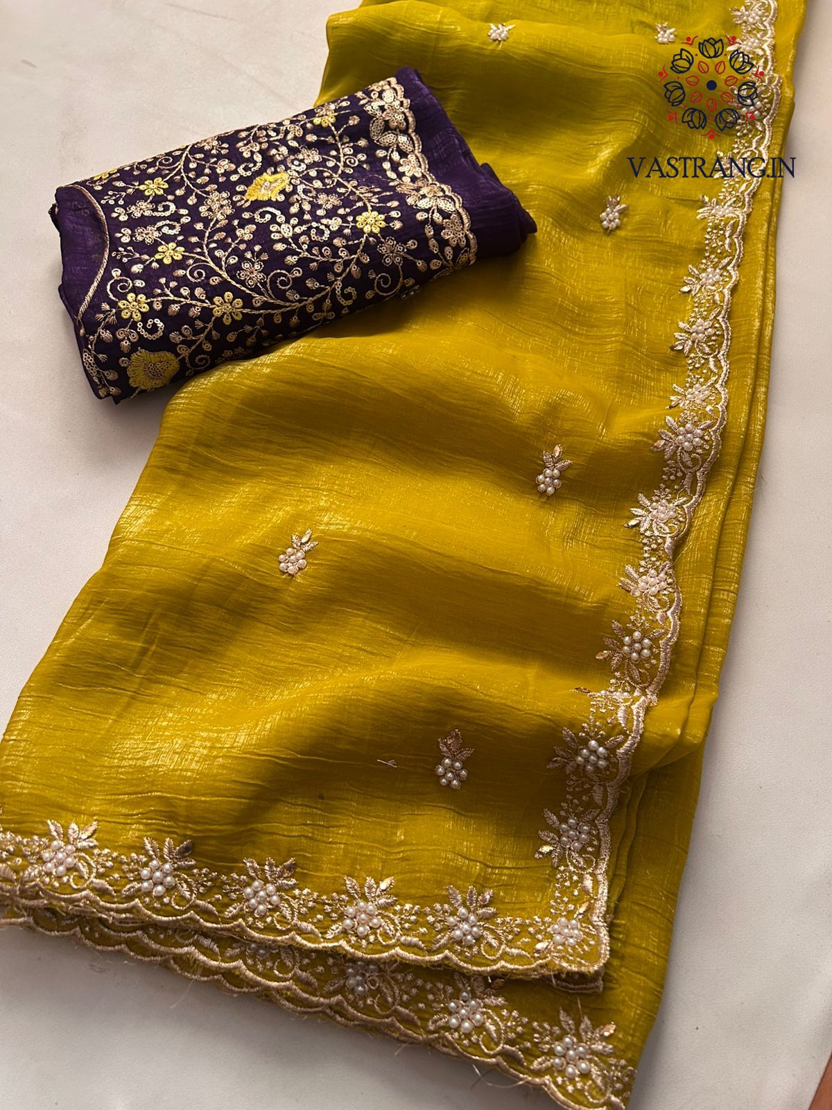 Mustard Color Crunchy Chiffon Crush Silk Embroidery n Cut Work Border Fancy Designer Partywear Saree