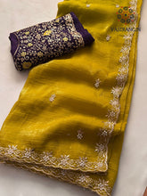 Load image into Gallery viewer, Mustard Color Crunchy Chiffon Crush Silk Embroidery n Cut Work Border Fancy Designer Partywear Saree
