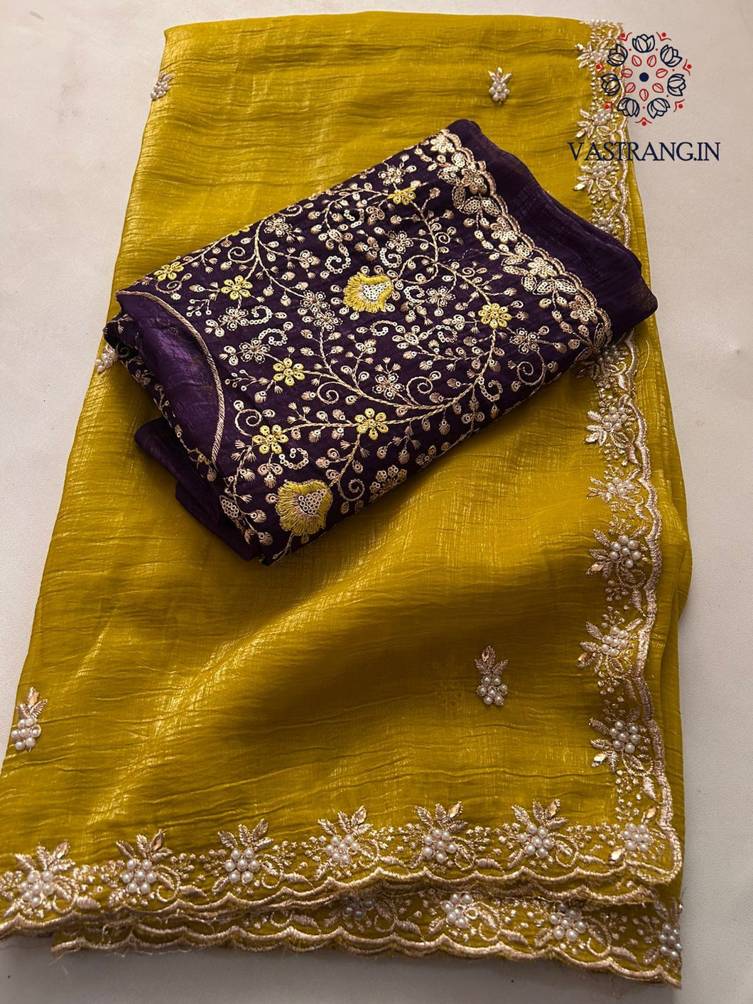 Mustard Color Crunchy Chiffon Crush Silk Embroidery n Cut Work Border Fancy Designer Partywear Saree