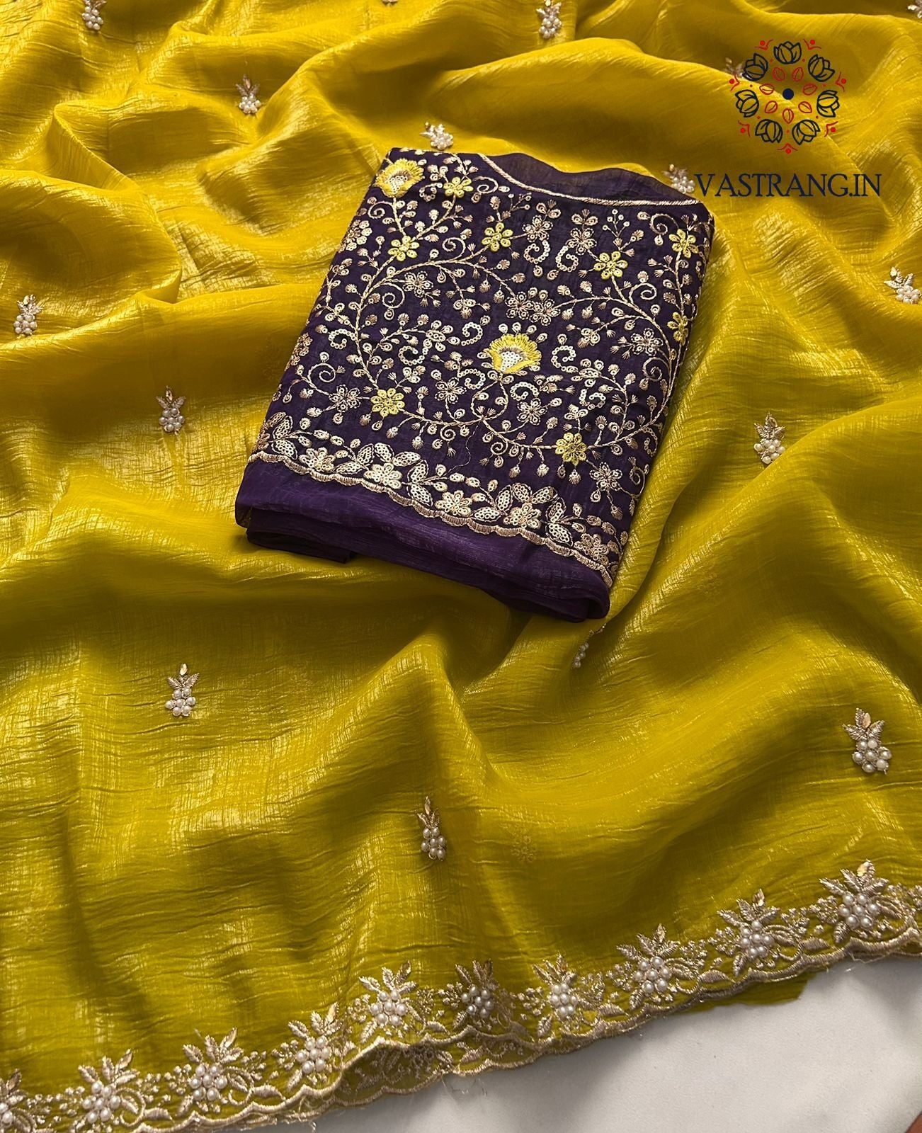 Mustard Color Crunchy Chiffon Crush Silk Embroidery n Cut Work Border Fancy Designer Partywear Saree