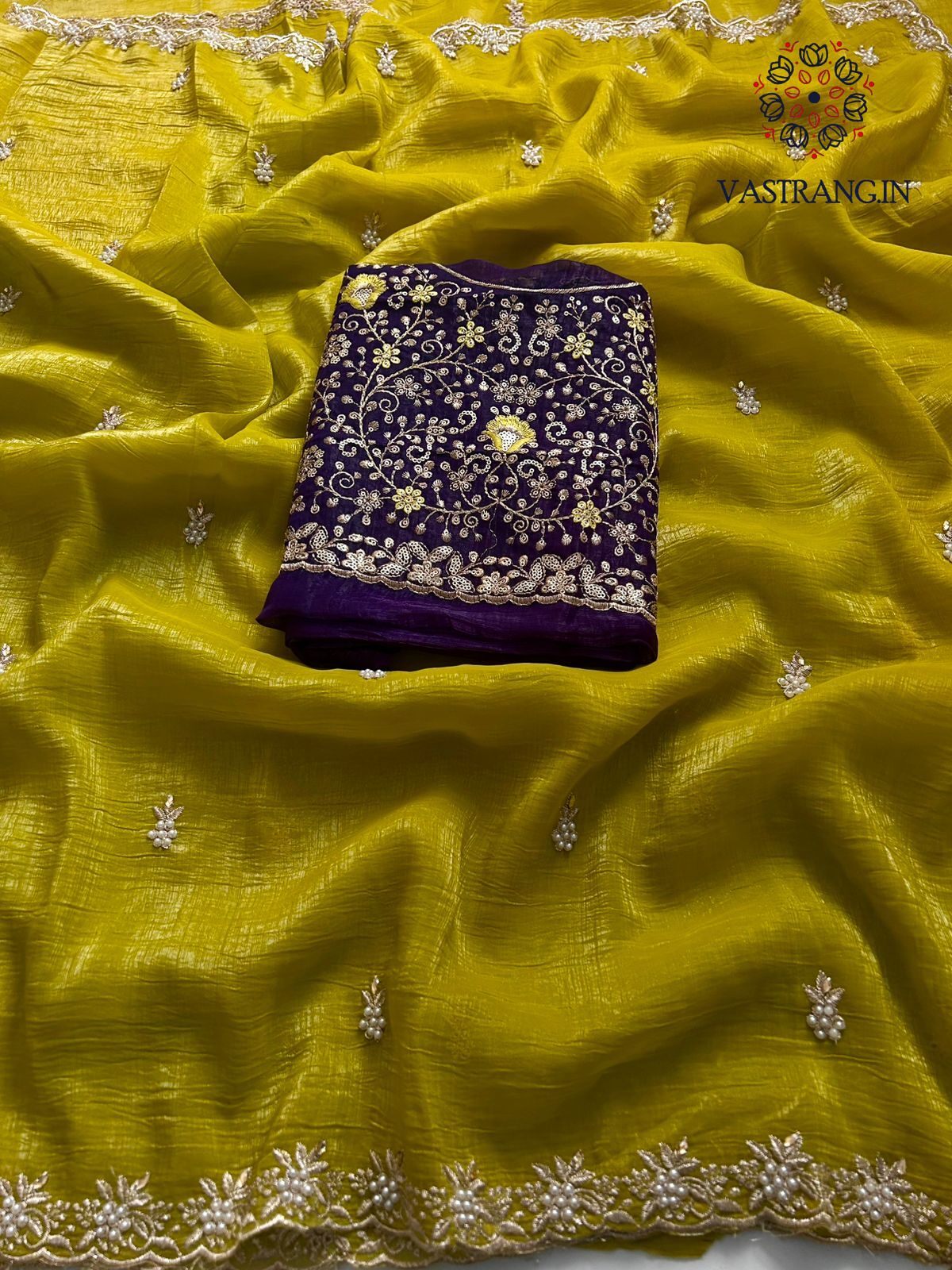 Mustard Color Crunchy Chiffon Crush Silk Embroidery n Cut Work Border Fancy Designer Partywear Saree