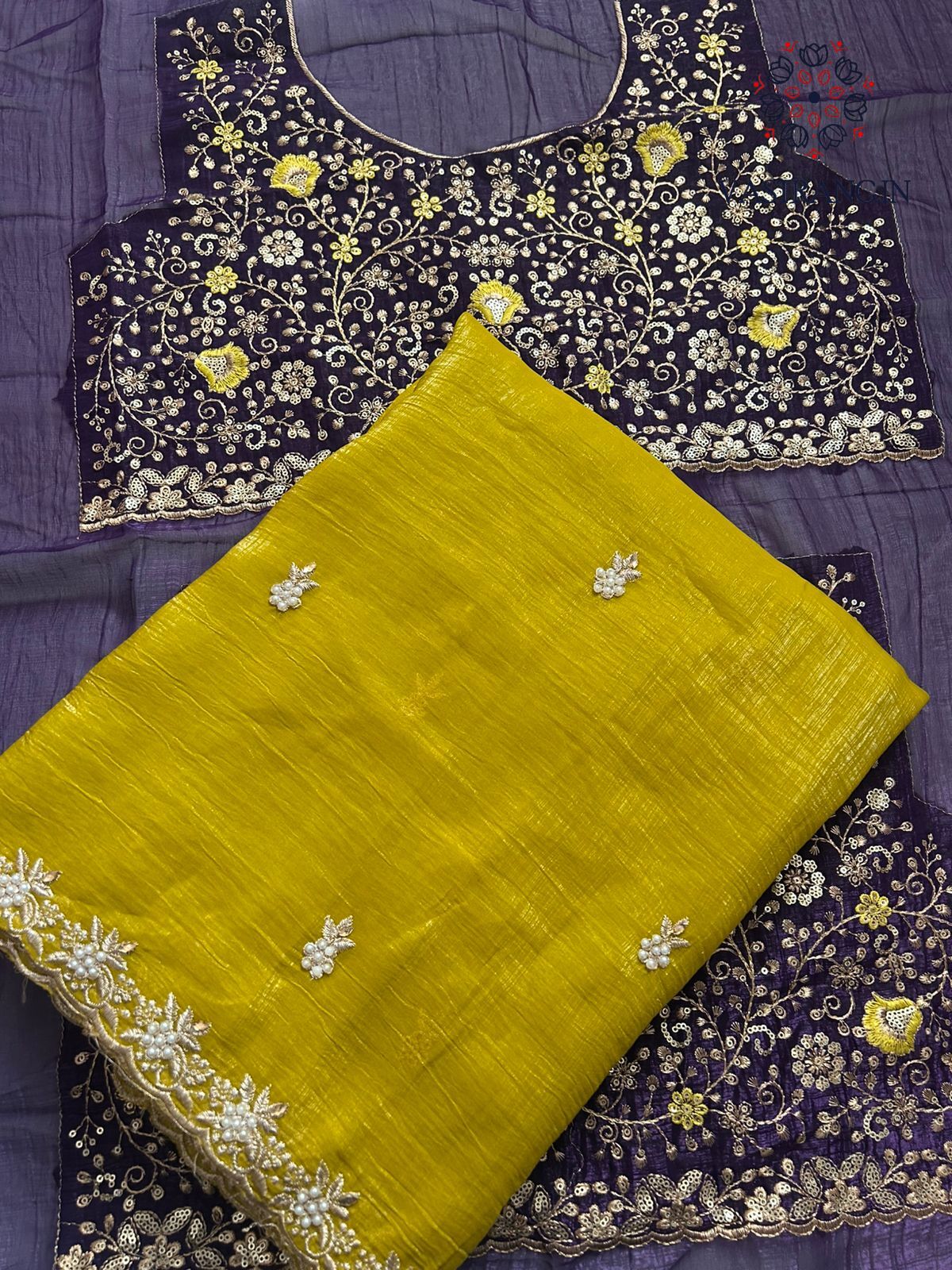 Mustard Color Crunchy Chiffon Crush Silk Embroidery n Cut Work Border Fancy Designer Partywear Saree